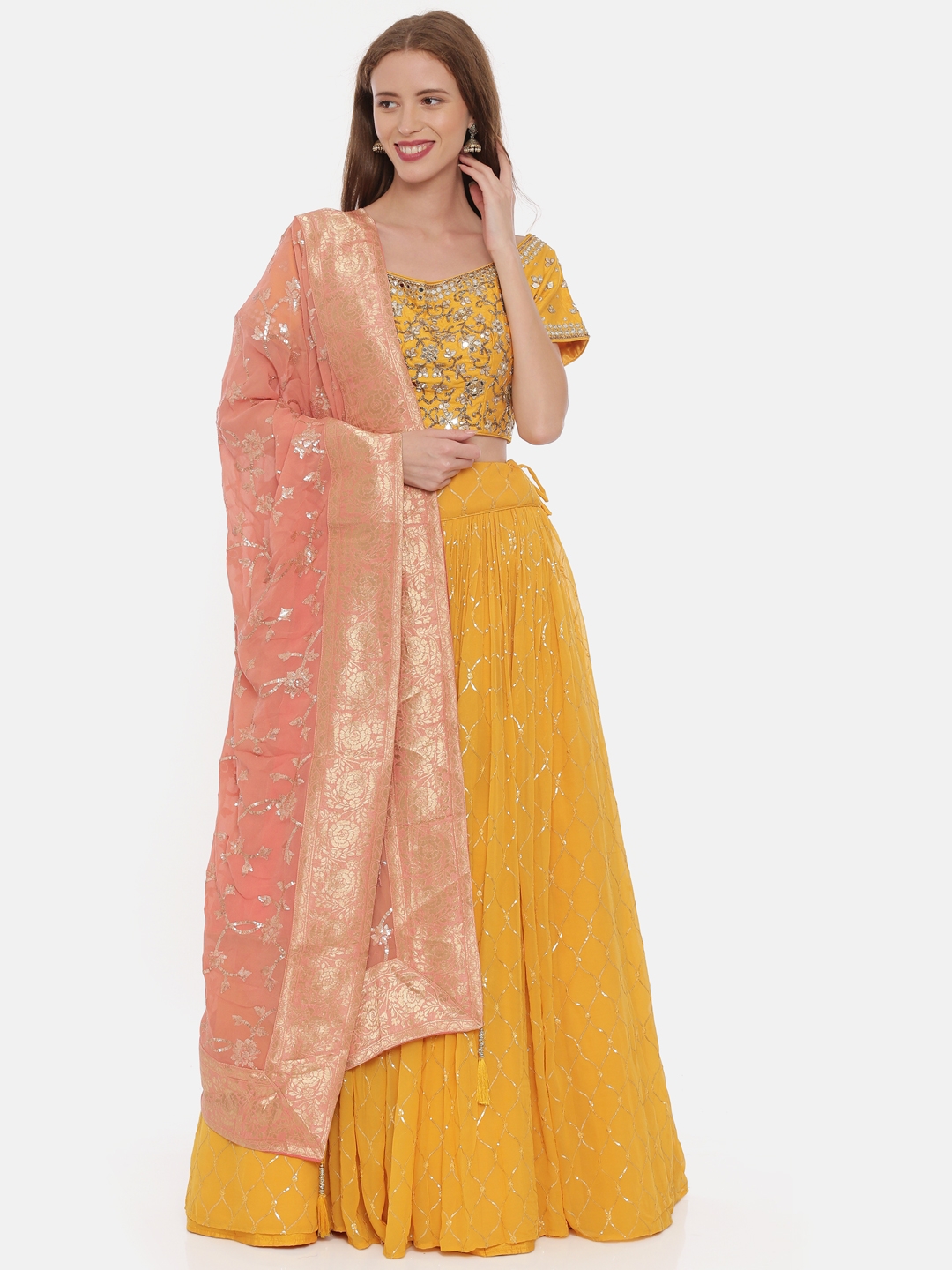 Neeru's | Neeru'S Mustard Color,Georgette Fabric Ghagra Set