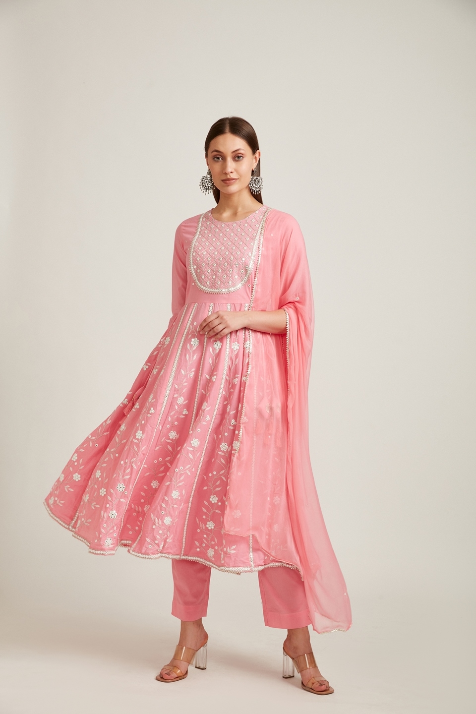Neeru's | Neerus Pink Floral Embroidered Kurta Solid Trousers With Dupatta