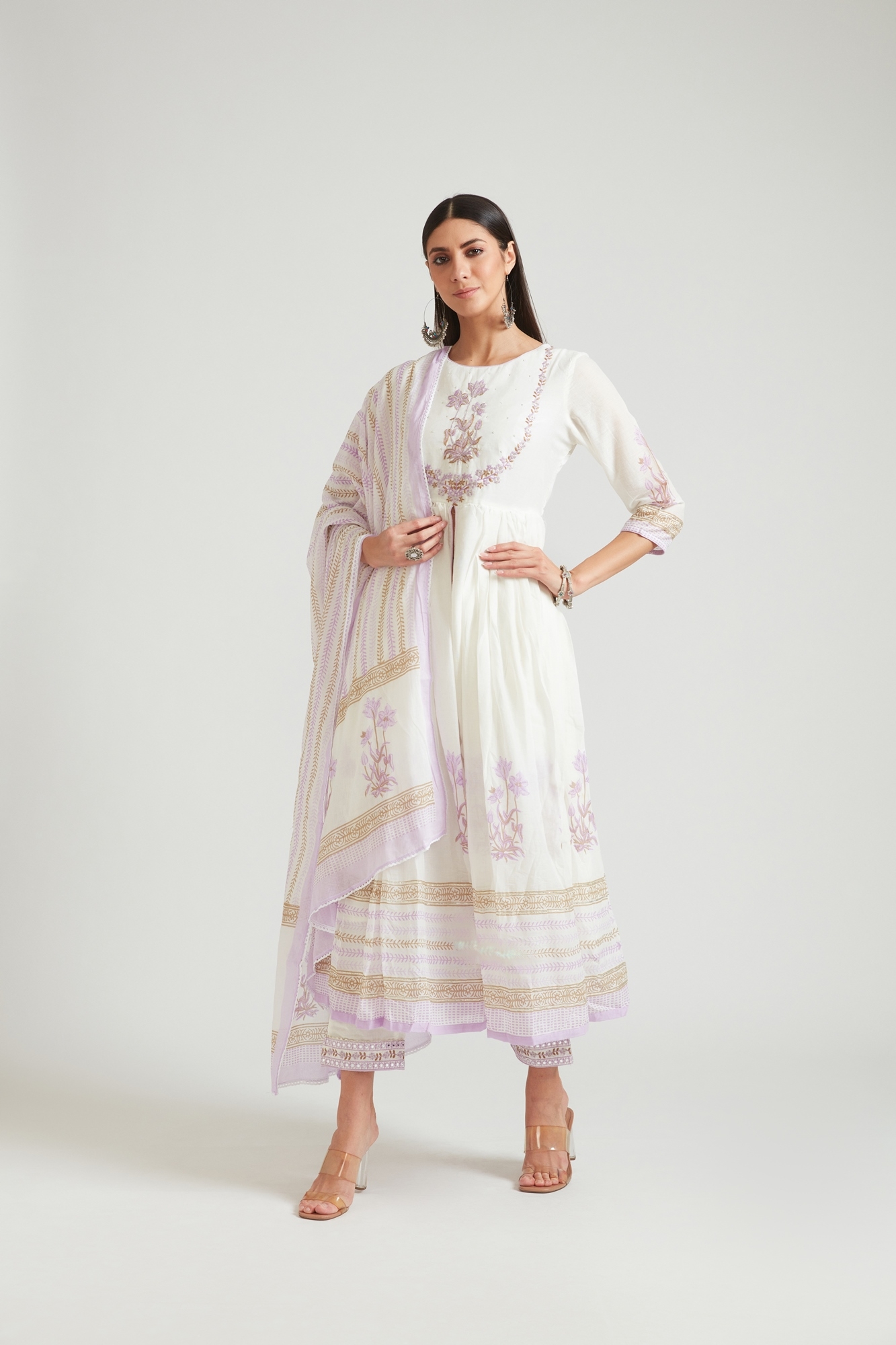 Neeru's | Neerus LAVENDER Floral Embroidered A-Line Kurta Solid Trousers With Dupatta