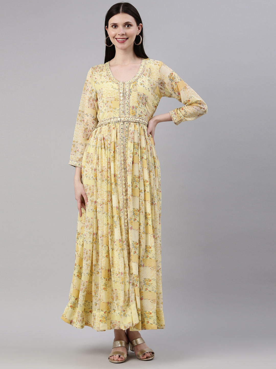 Neeru's | Neerus Yellow Printed Floral Fit and Flare Dresses