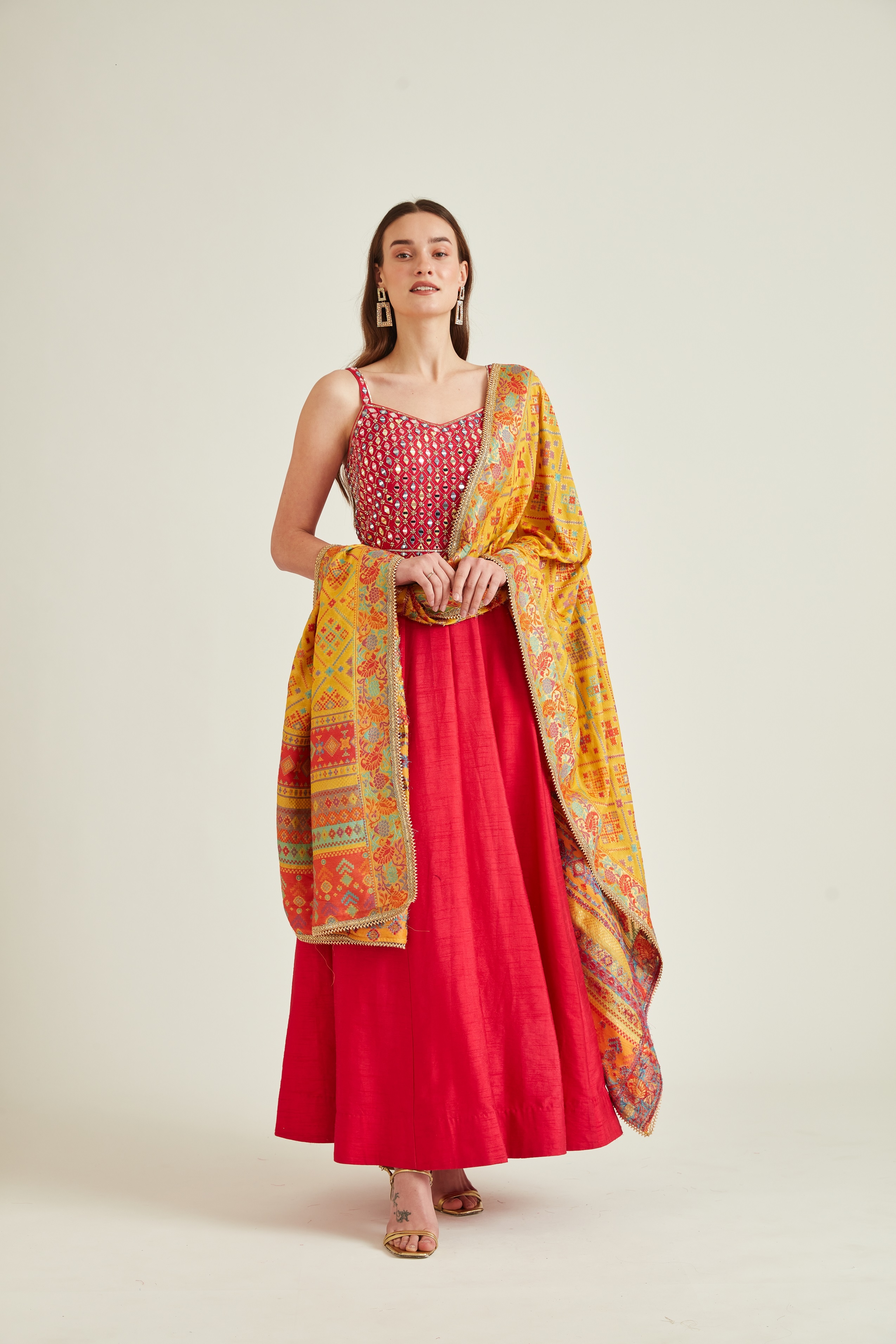 Neeru's | Neeru'S Rani Gown With Embroidered Using With Zari And mirror Work On Yoke Base Along With Dupatta
