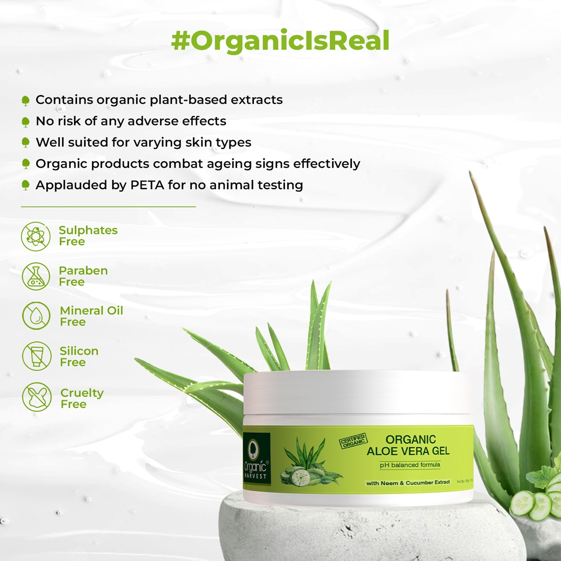 Organic Harvest Aloe Vera Gel Enriched with 100% Pure Aloe Vera Leaf Extracts, Neem & Cucumber, for Skin And Hair, Paraben Free - 200gm