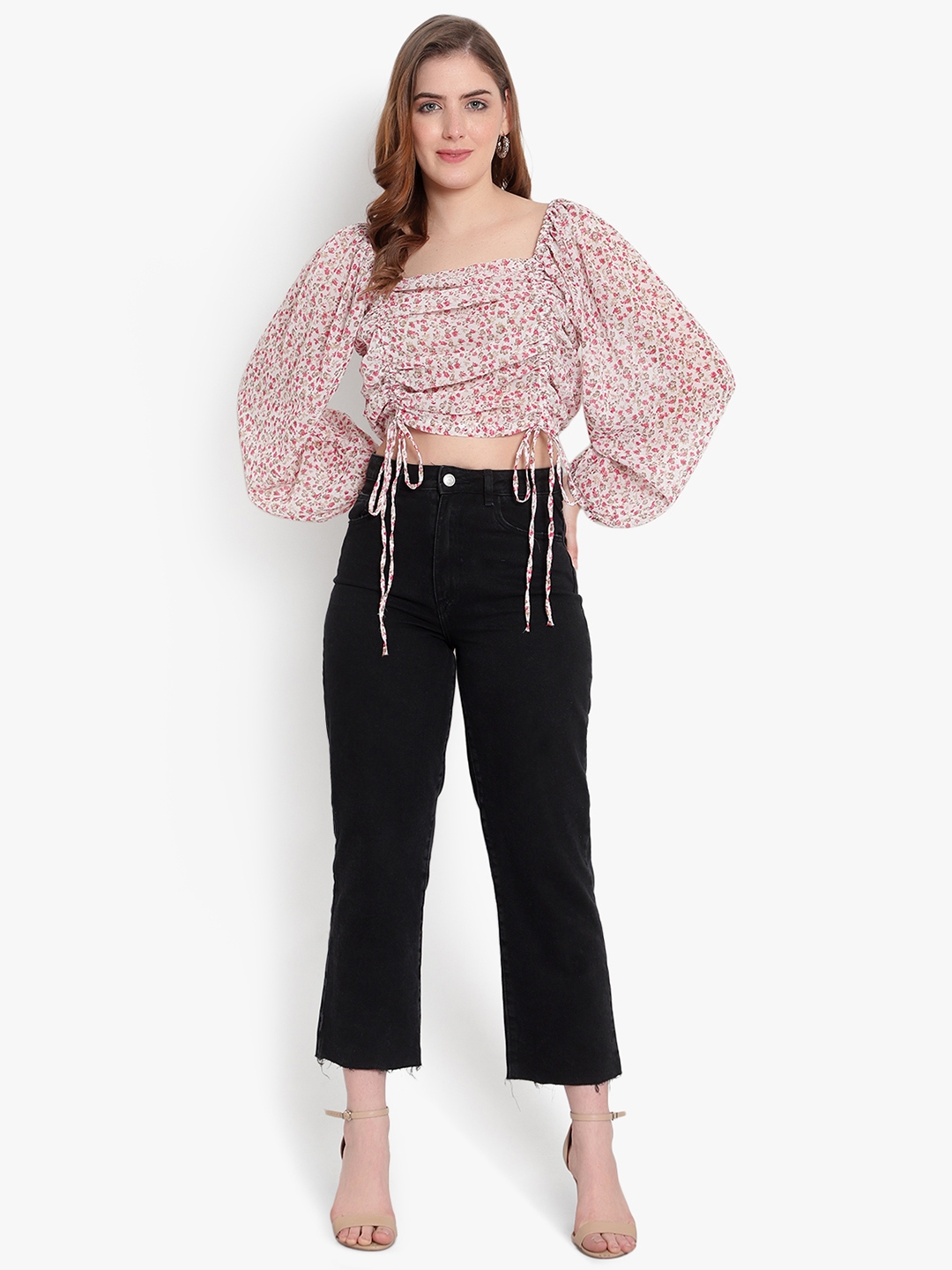 ANKLES Casual Solid White Multi Color Puffed Sleeves Crop Top 