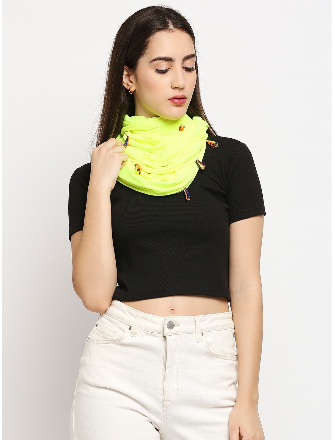 Get Wrapped | Get Wrapped Yellow Jersey Snood Scarf with multi color Tassel  for Women