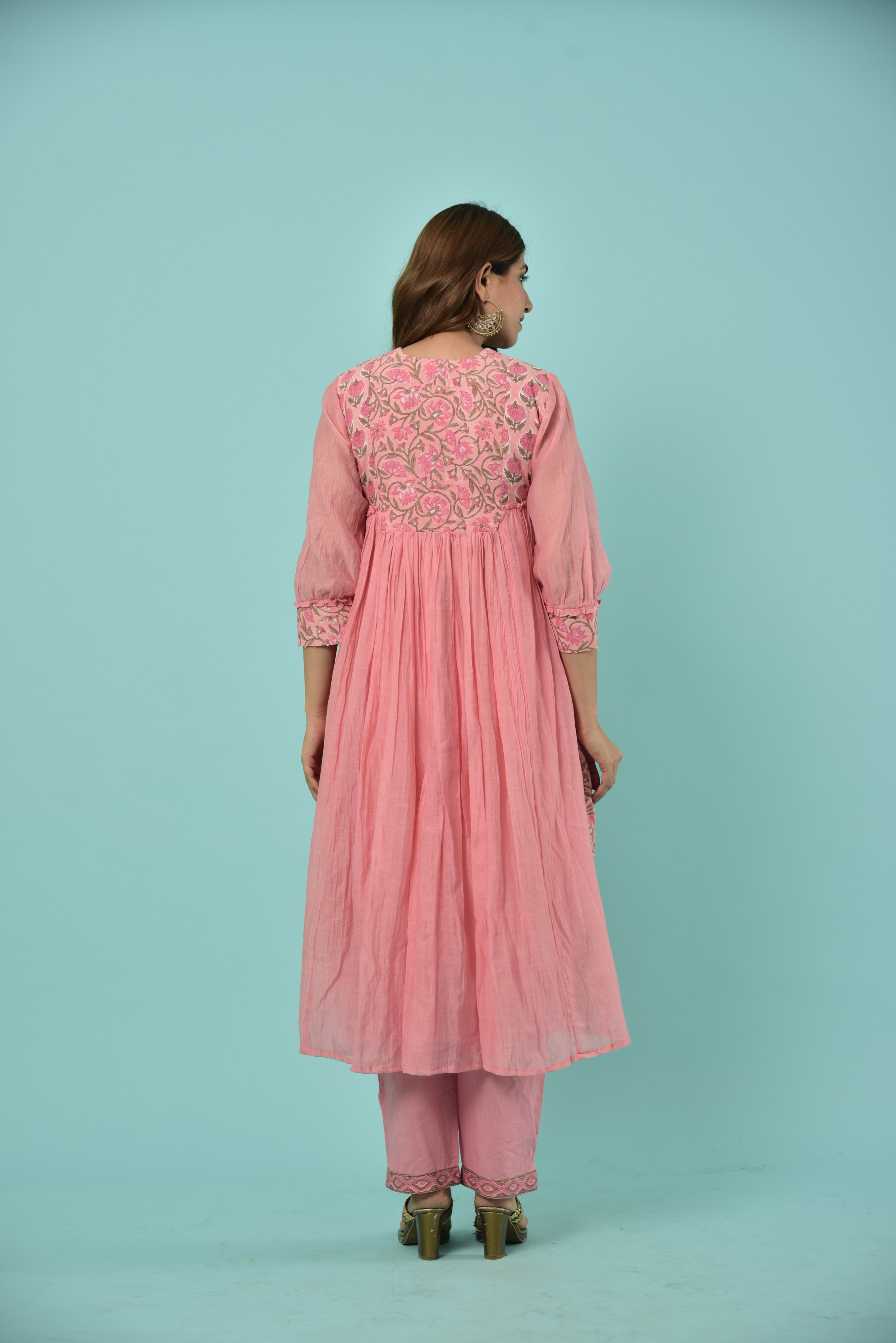 Pink mughal print chanderi kurta with cotton pants