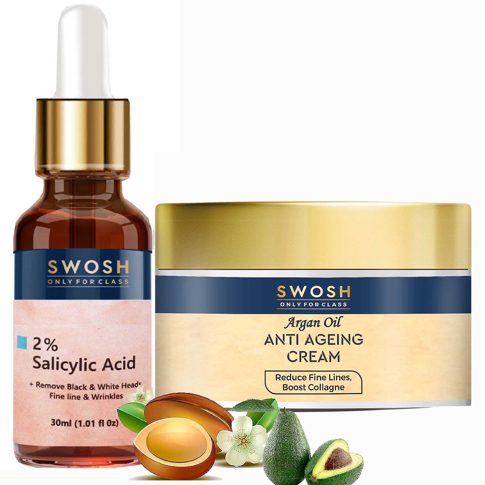 SWOSH Complete Skin Care Combo  | Anti Ageing Face Cream 50 Gram For Day and Night | 2% Salicylic Acid Serum 30 ML With Glycerin & Aloe Vera  - Reduces Blackheads, Wrinkles, Fine Lines & Pigmentation