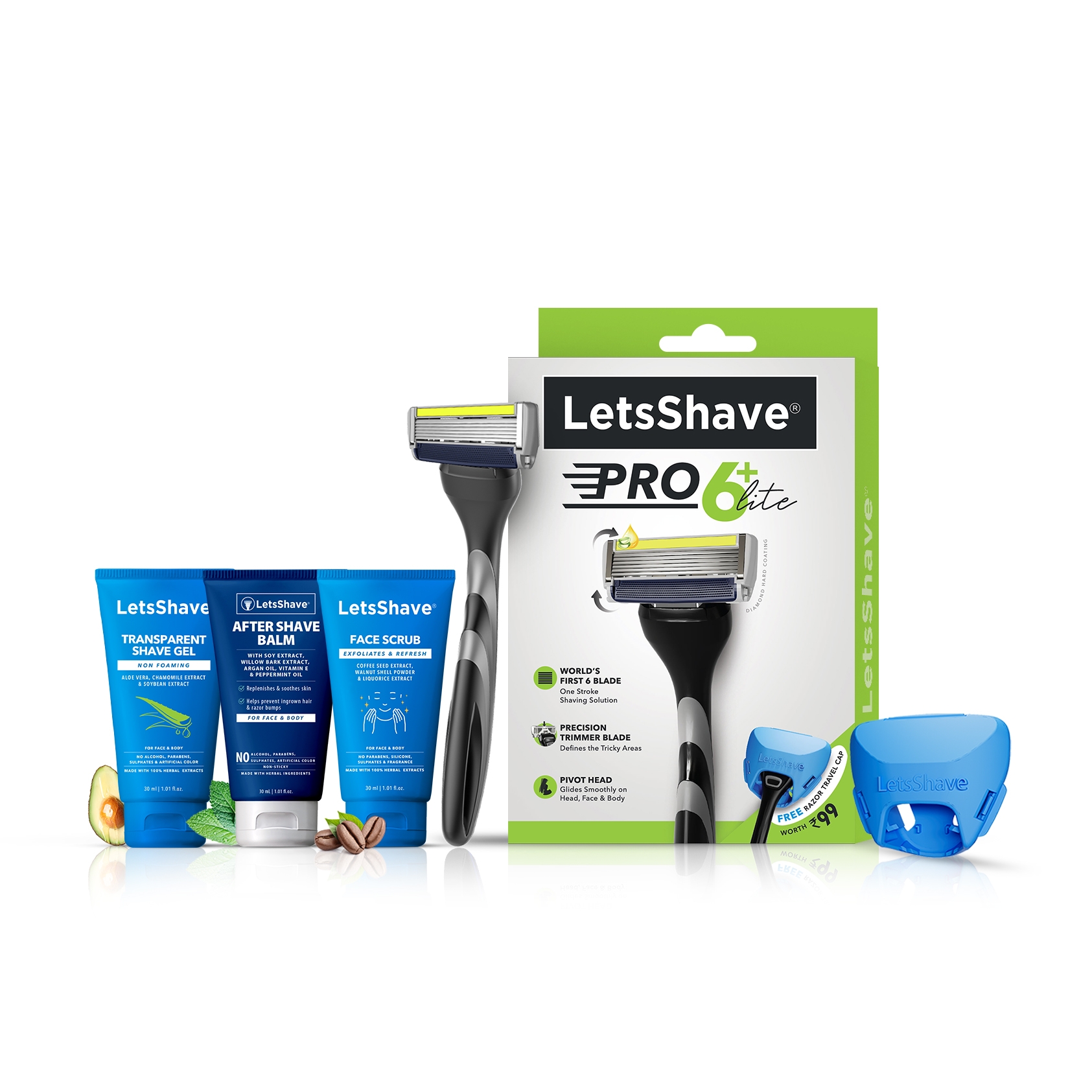 LetsShave Pro 6 Plus Lite Shaving Kit, Face & Full Body Razor for Men  With Face Scrub 30ml, Face Wash 30ml & After Shave Balm 30ml