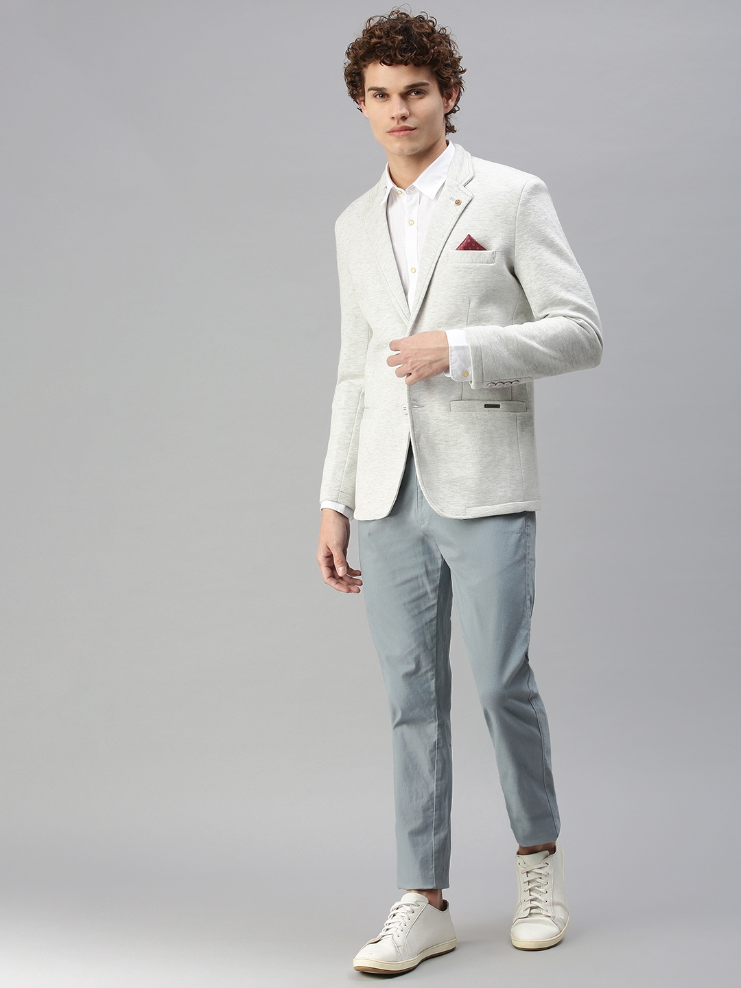 Men's White Cotton Blend Solid Blazers