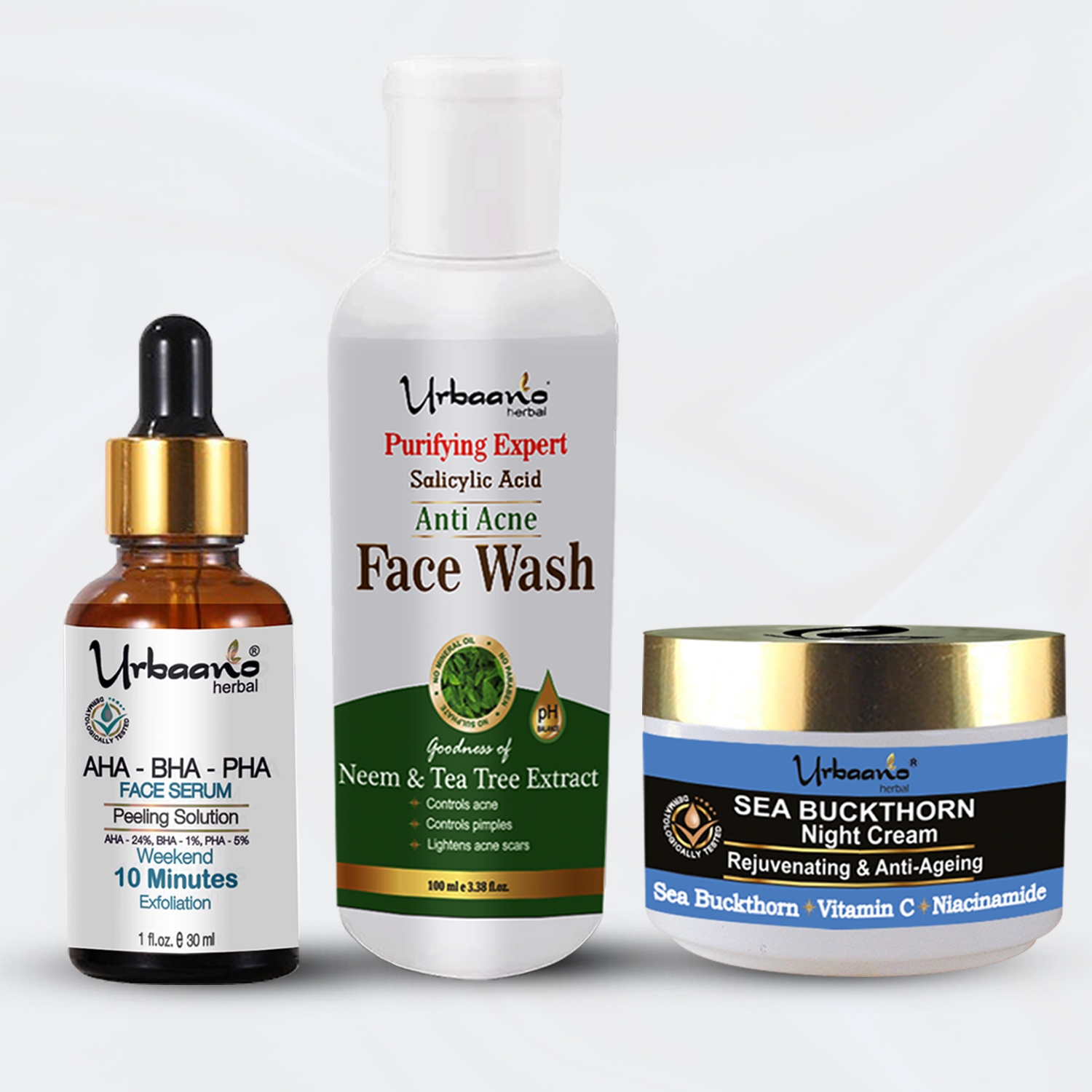Urbaano Herbal Acne Free, Rejuvenating Facial Kit- AHA Peeling Serum, Sea Buckthorn Night Cream, Neem, Tea Tree Face Wash-180gm