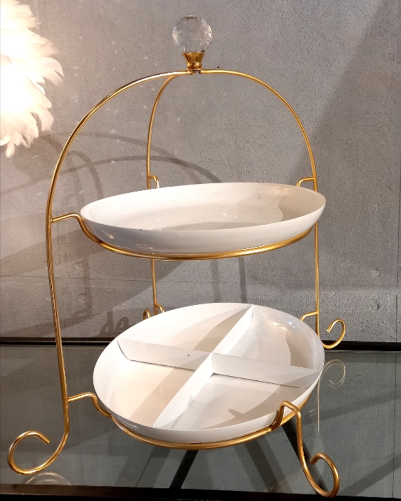 Order Happiness White & Gold Metal 2-Tier Platter Stand Snack Serving Cake Stand Platter For Home Decor