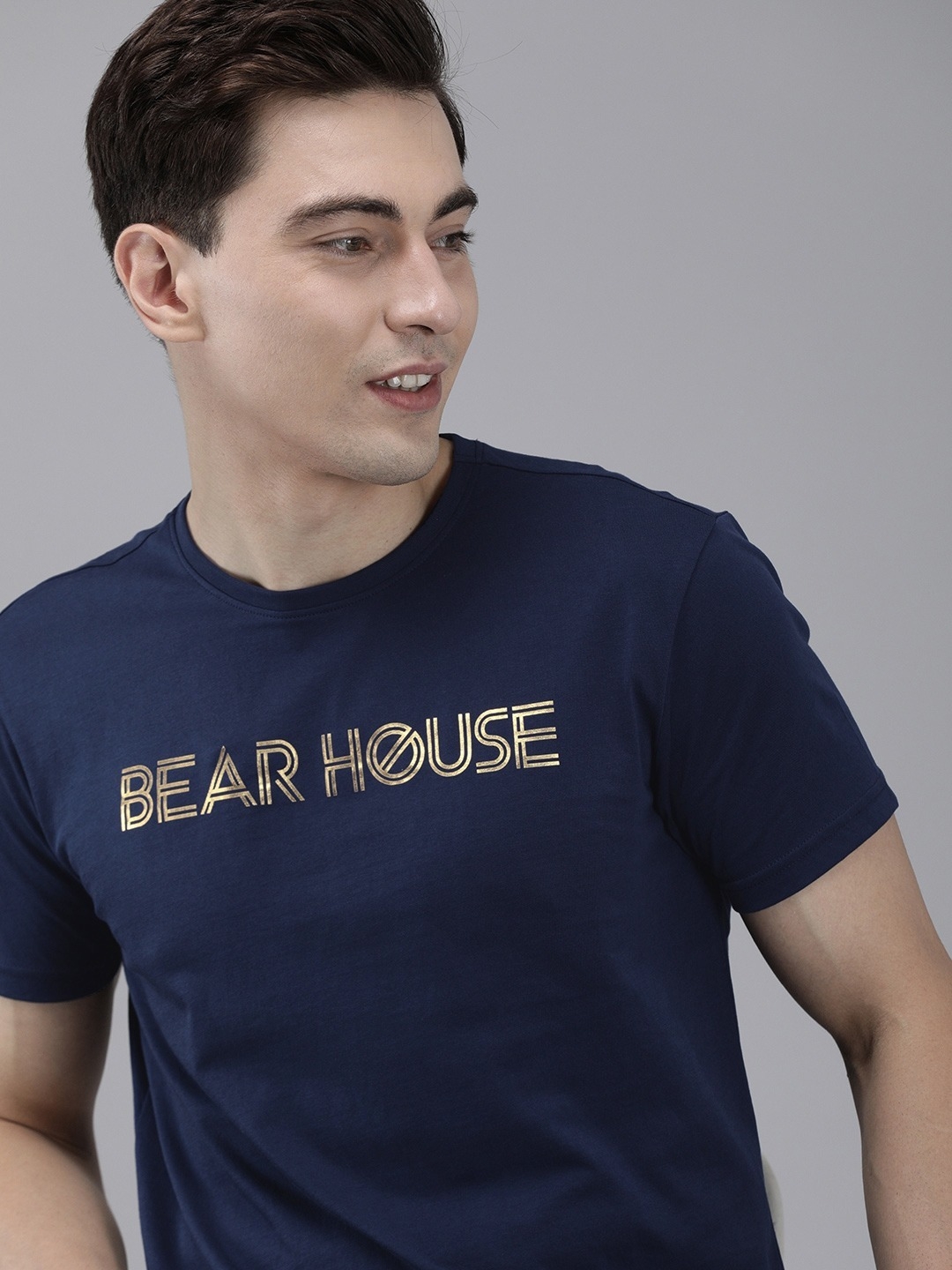 The Bear House | Men'S Blue Foil Print Branded Tshirt