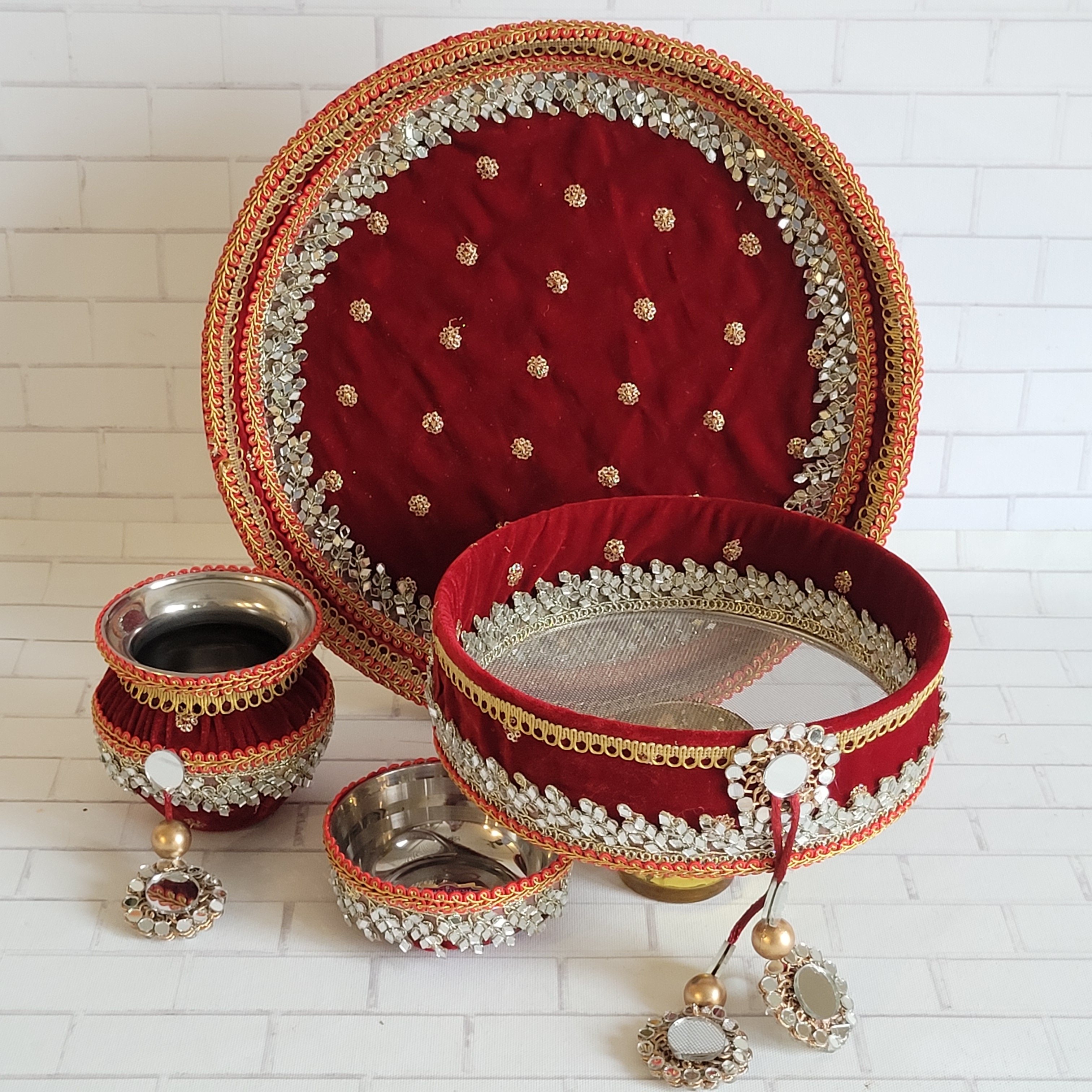 Gold & Red Pearl Work Karva Chauth Thali Set (Brocade Fabric)