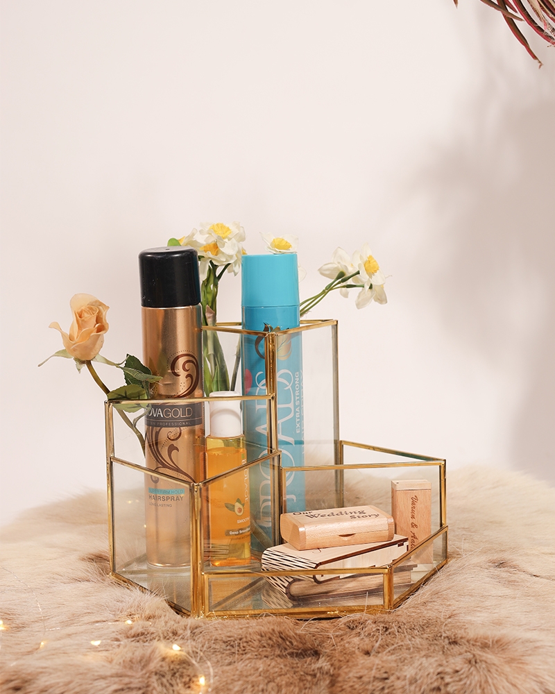 Order Happiness | Order Happiness Metal and Clear Glass Pen Holder Cosmetic Organiser and Beautiful Gold Colour Decorative Cosmetics Holder Beauty Display