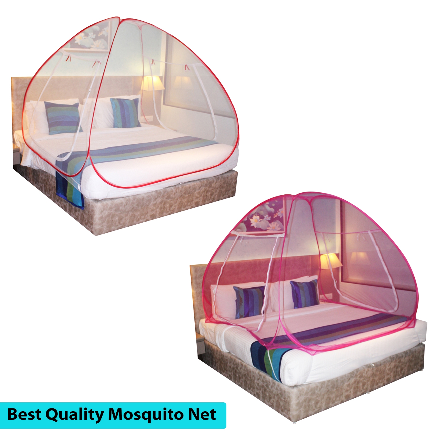 Paola Jewels | Paola Mosquito Net Combo Red Patti And Pink Foldable Double Bed Net King Size Easily Wash Pack Of 2 