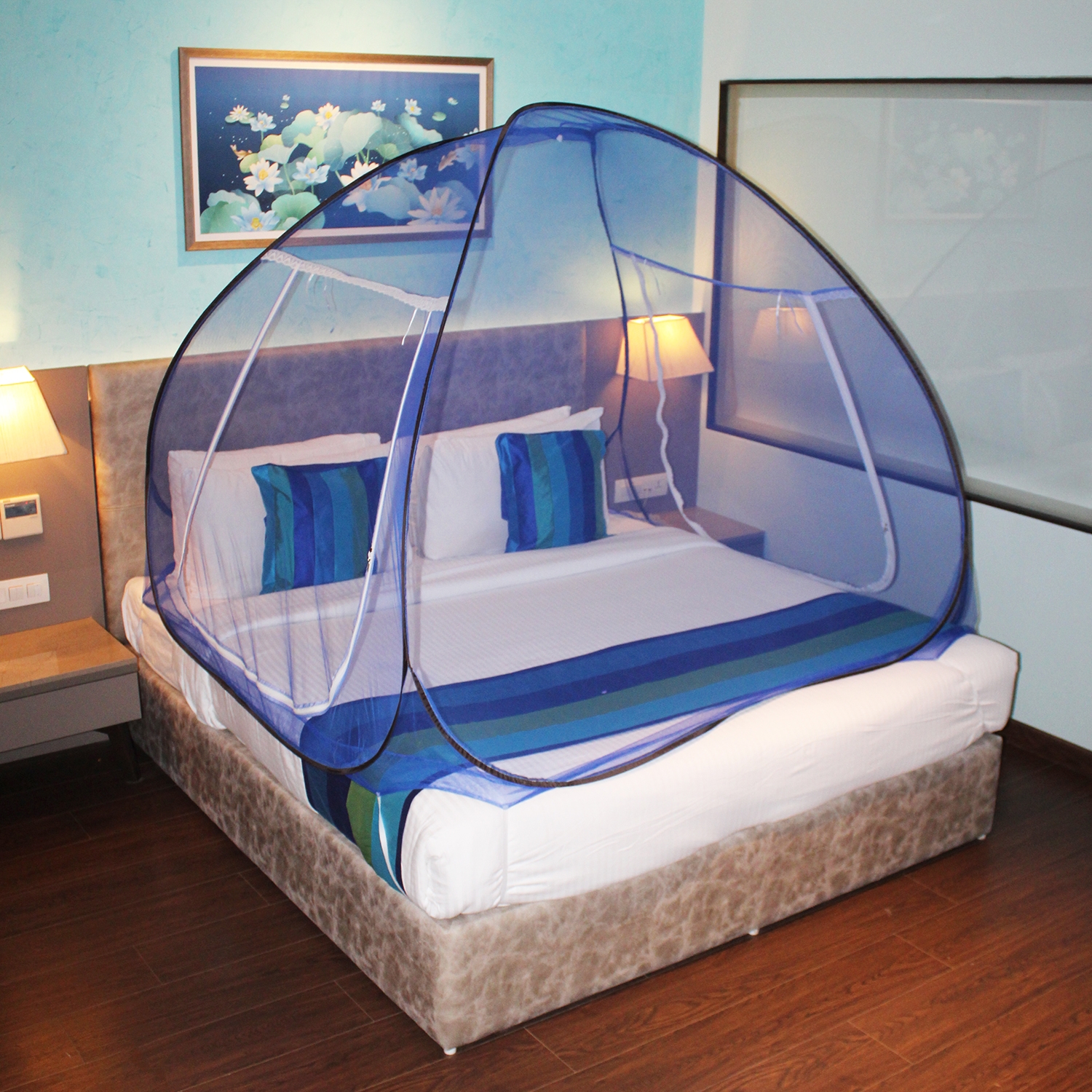 Paola Jewels | Paola Mosquito Net Sky Blue And Brown Foldable Double Bed Net King Size 