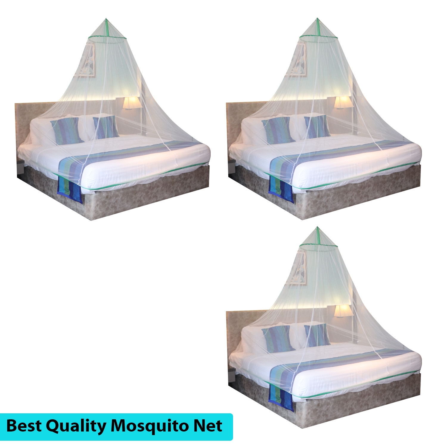 Paola Jewels | Mosquito Net for Double Bed, King-Size, Round Ceiling Hanging Foldable Polyester Net White And Green Pack 3 