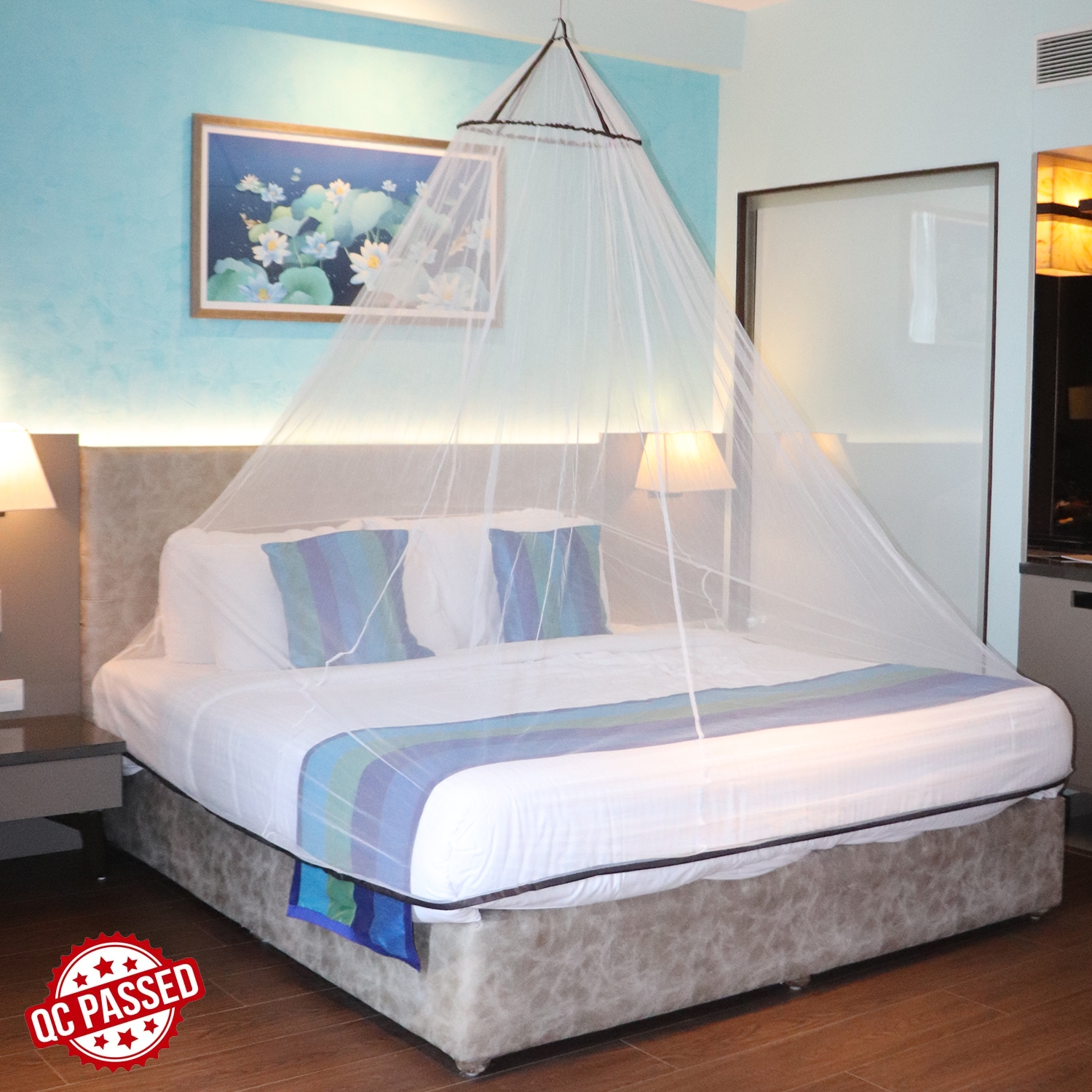 Mosquito Net for Double Bed, King-Size, Round Ceiling Hanging Foldable Polyester Net White And Brown