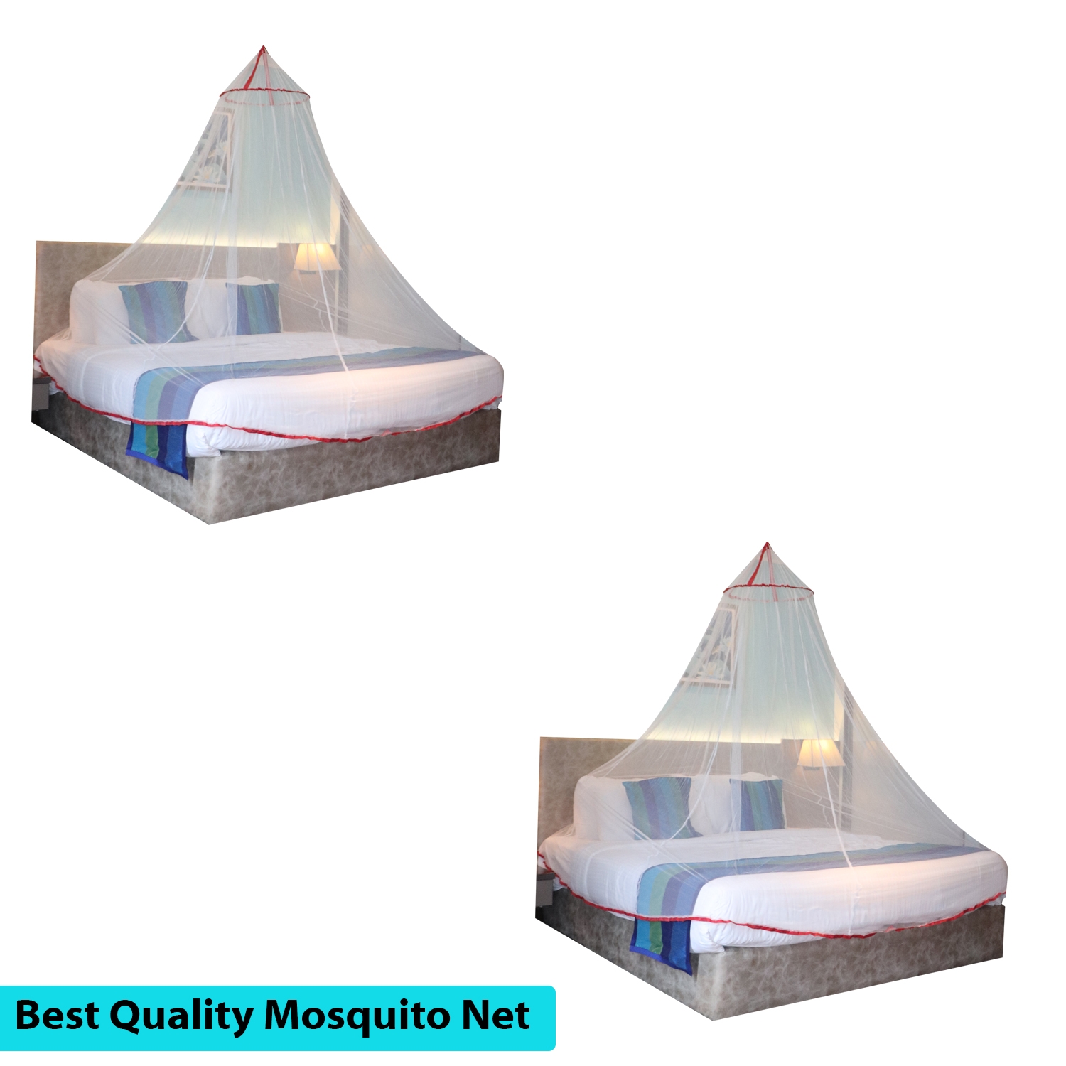 Paola Jewels | Mosquito Net for Double Bed, King-Size, Round Ceiling Hanging Foldable Polyester Net White And Red Pack 2 