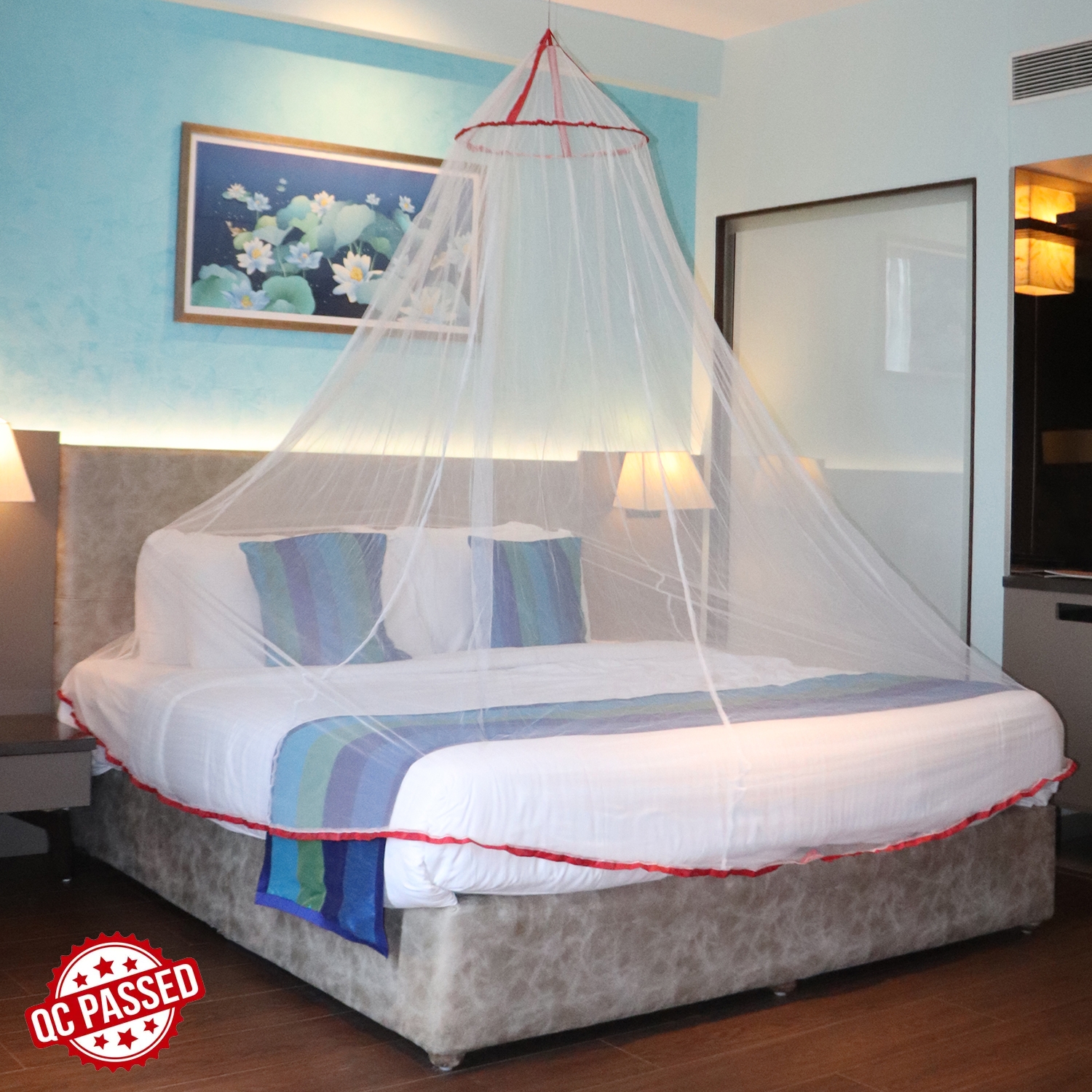Mosquito Net for Double Bed, King-Size, Round Ceiling Hanging Foldable Polyester Net White And Red 