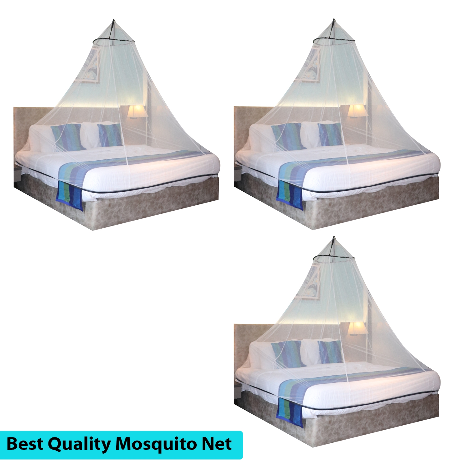 Paola Jewels | Mosquito Net for Double Bed, King-Size, Round Ceiling Hanging Foldable Polyester Net White And Black Pack 3 
