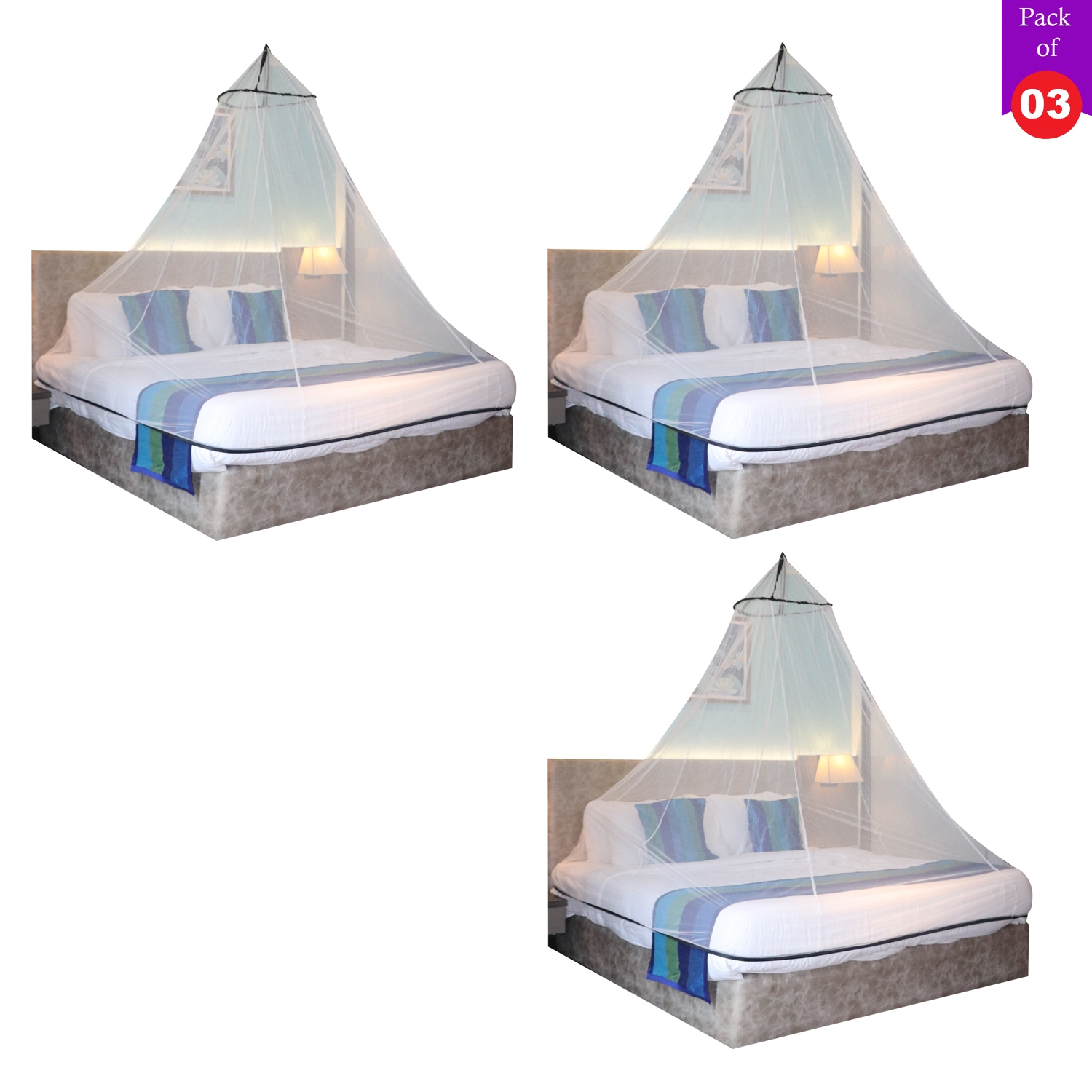 Mosquito Net for Double Bed, King-Size, Round Ceiling Hanging Foldable Polyester Net White And Black Pack 3 