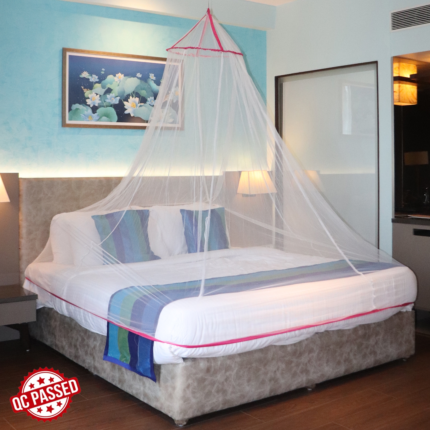 Paola Jewels | Mosquito Net for Double Bed, King-Size, Round Ceiling Hanging Foldable Polyester Net white And Pink