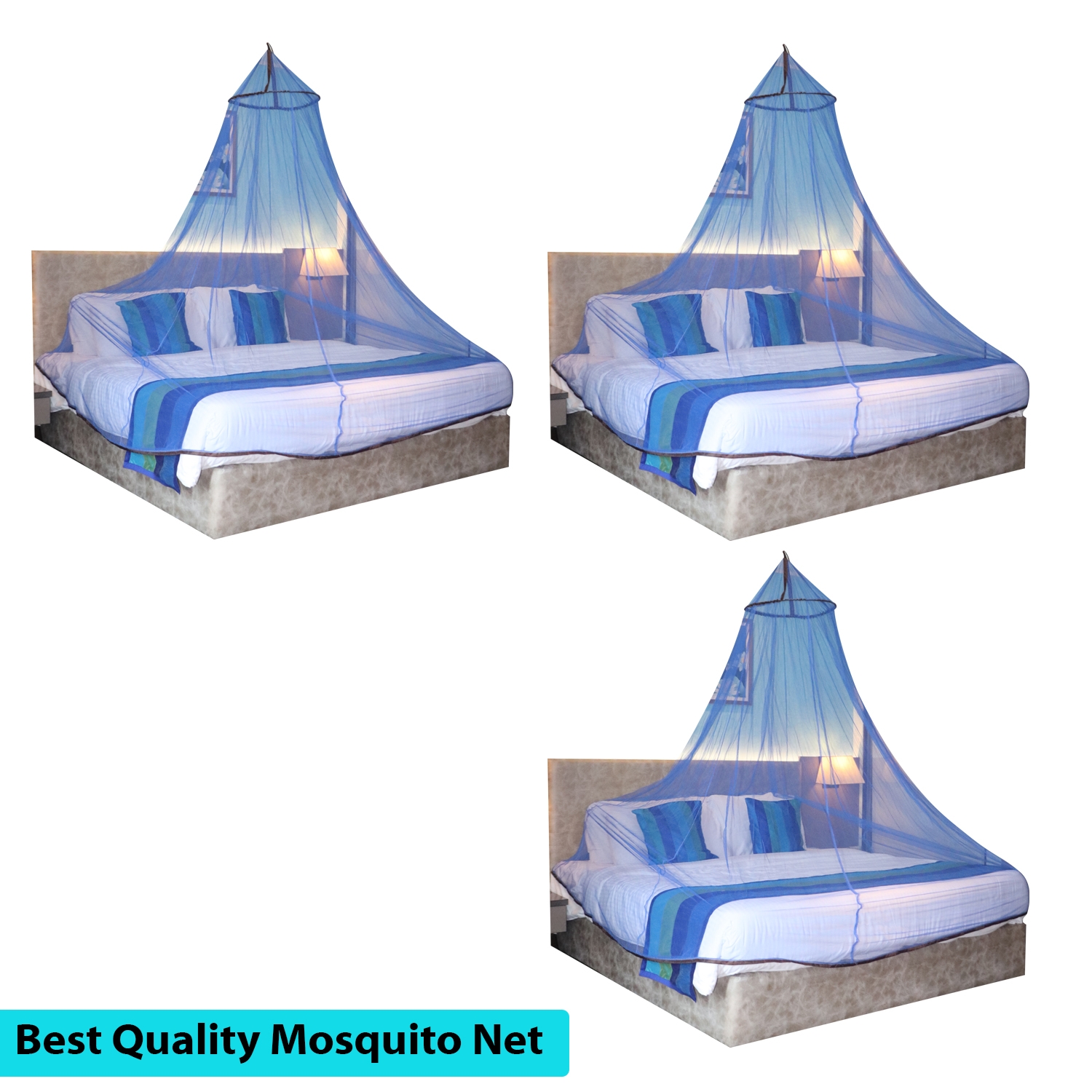 Paola Jewels | Mosquito Net for Double Bed, King-Size, Round Ceiling Hanging Foldable Polyester Net Blue And Black  Pack 3 