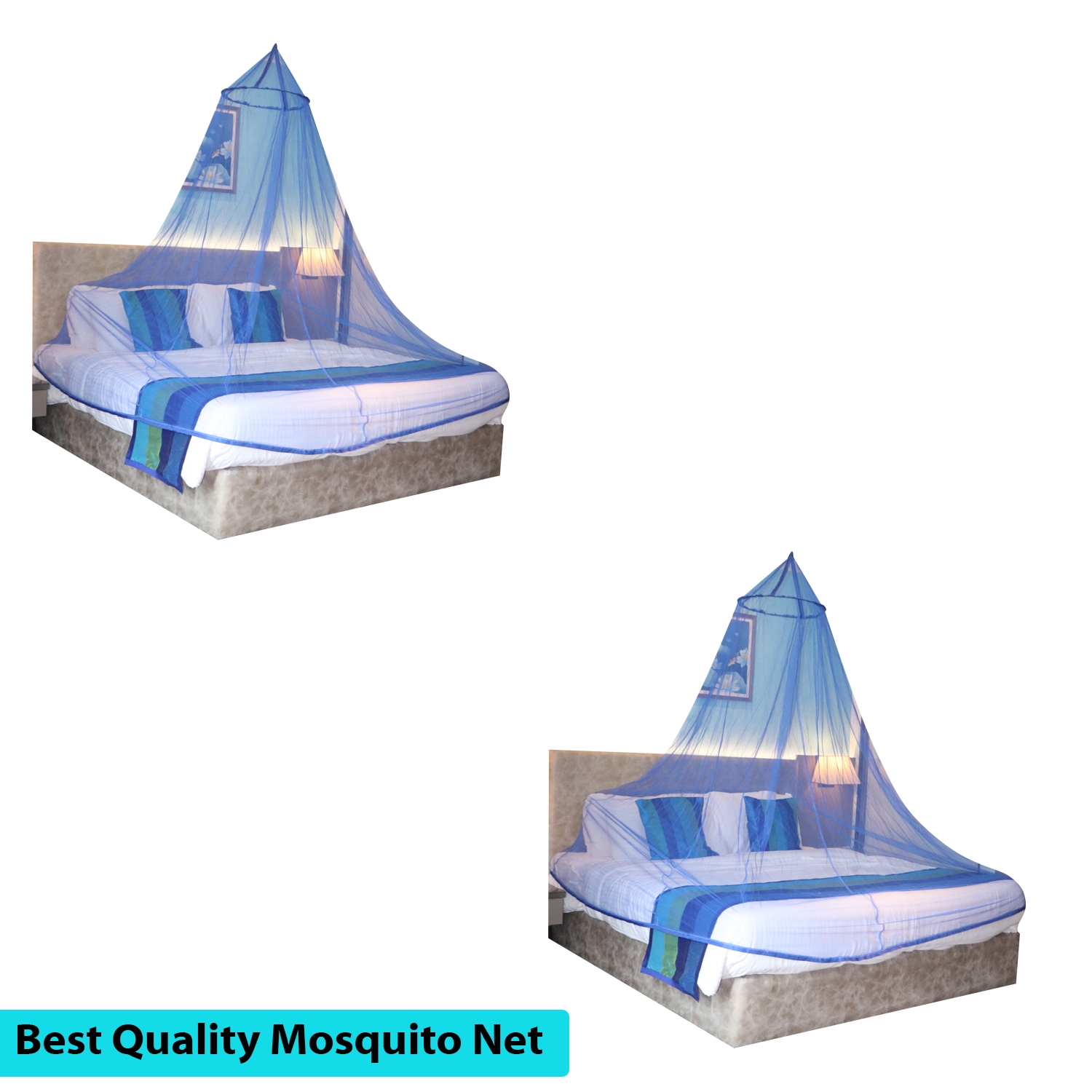 Mosquito Net for Double Bed, King-Size, Round Ceiling Hanging Foldable Polyester Net Blue Pack 2 