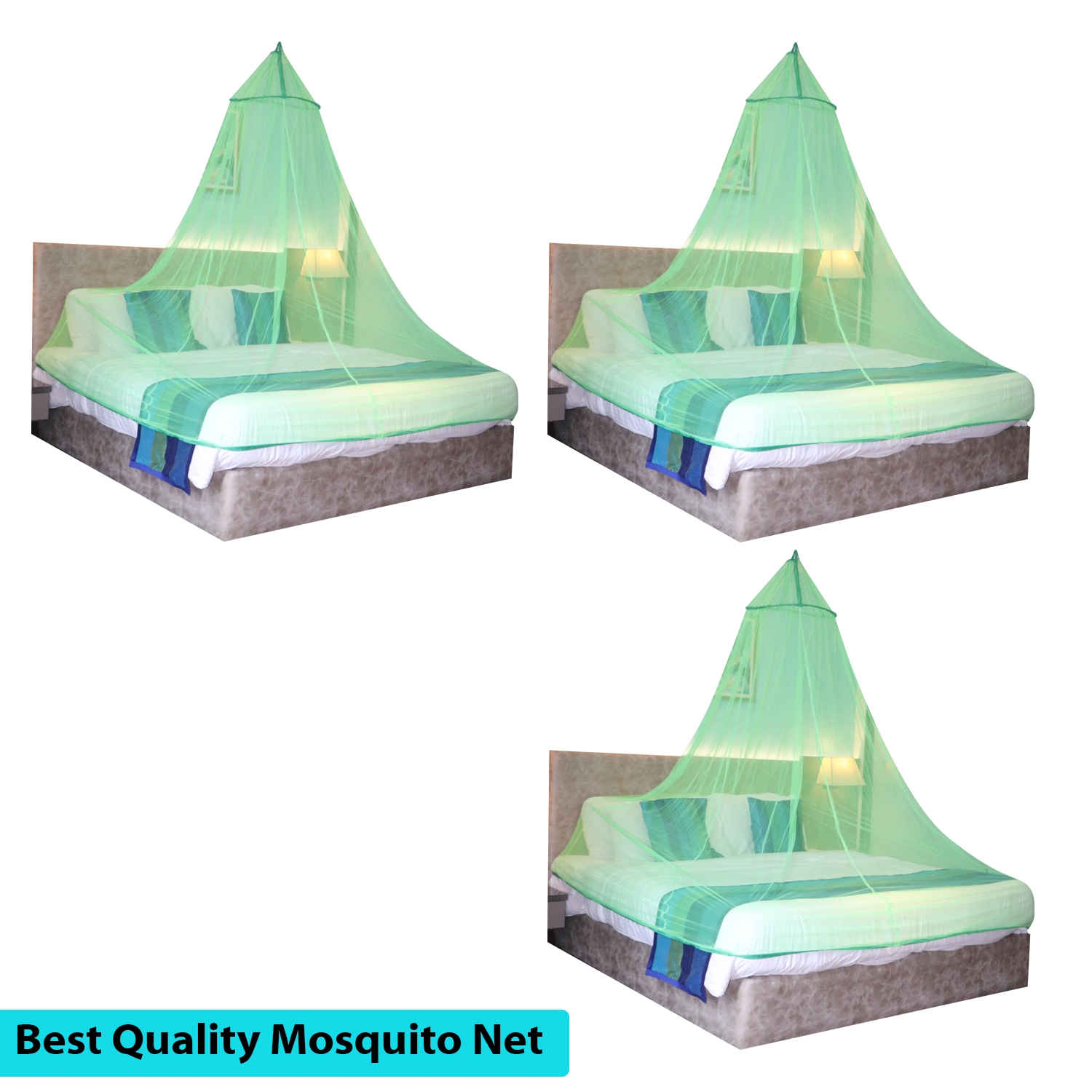 Mosquito Net for Double Bed, King-Size, Round Ceiling Hanging Foldable Polyester Net Green  Pack 3 