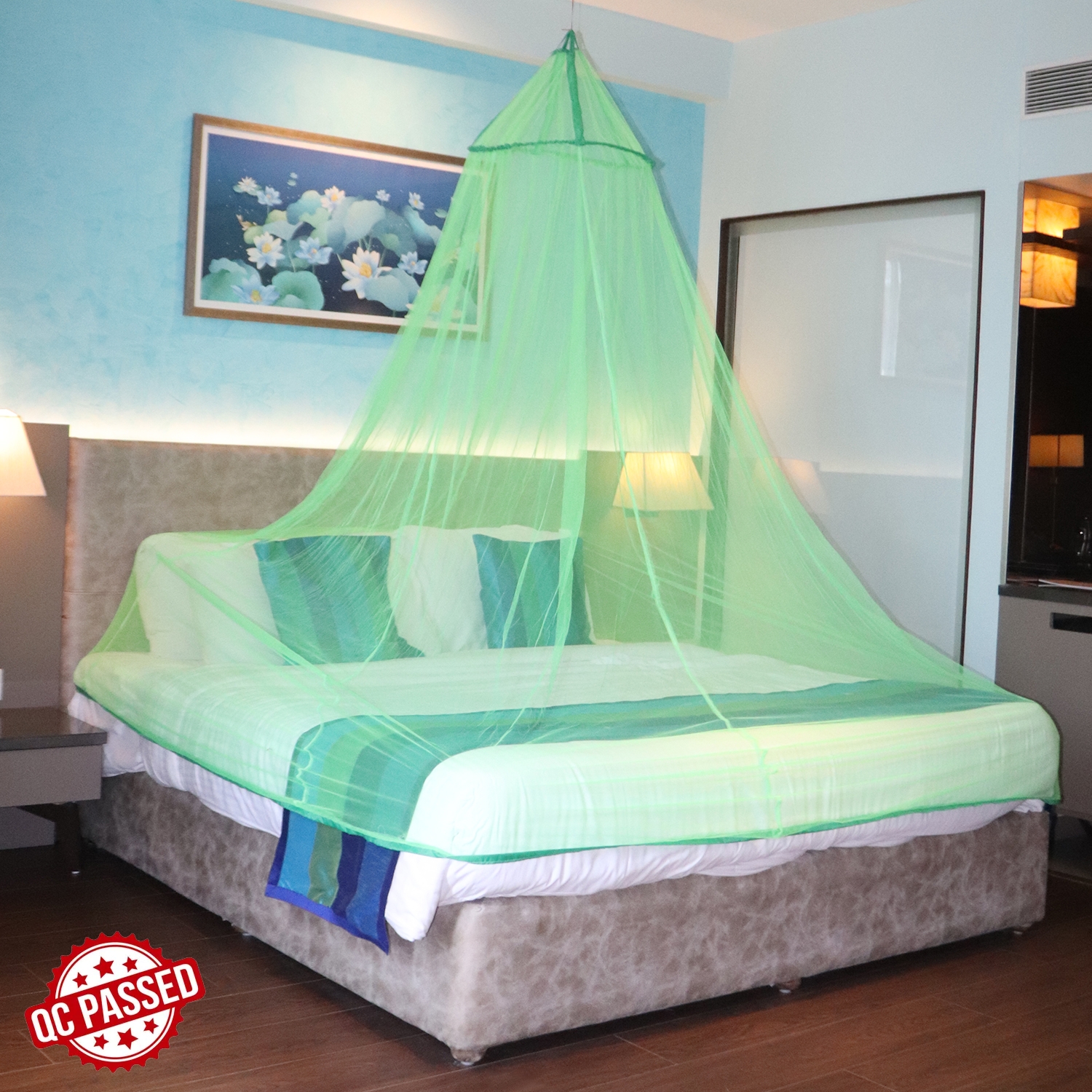 Mosquito Net for Double Bed, King-Size, Round Ceiling Hanging Foldable Polyester Net Green 