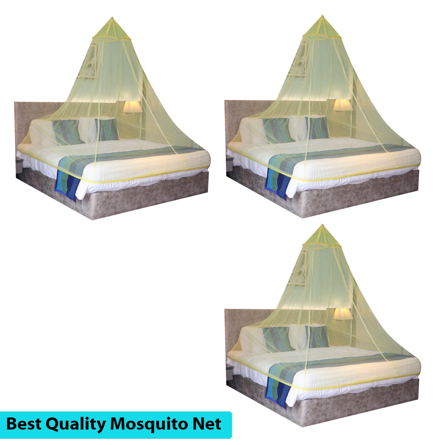 Paola Jewels | Mosquito Net for Double Bed, King-Size, Round Ceiling Hanging Foldable Polyester Net Yellow Pack 3 