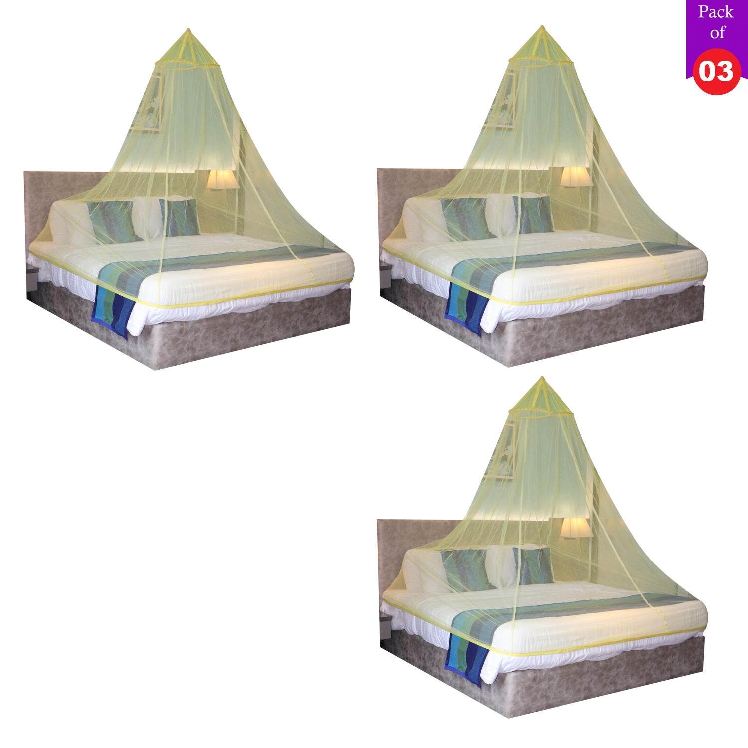 Mosquito Net for Double Bed, King-Size, Round Ceiling Hanging Foldable Polyester Net Yellow Pack 3 