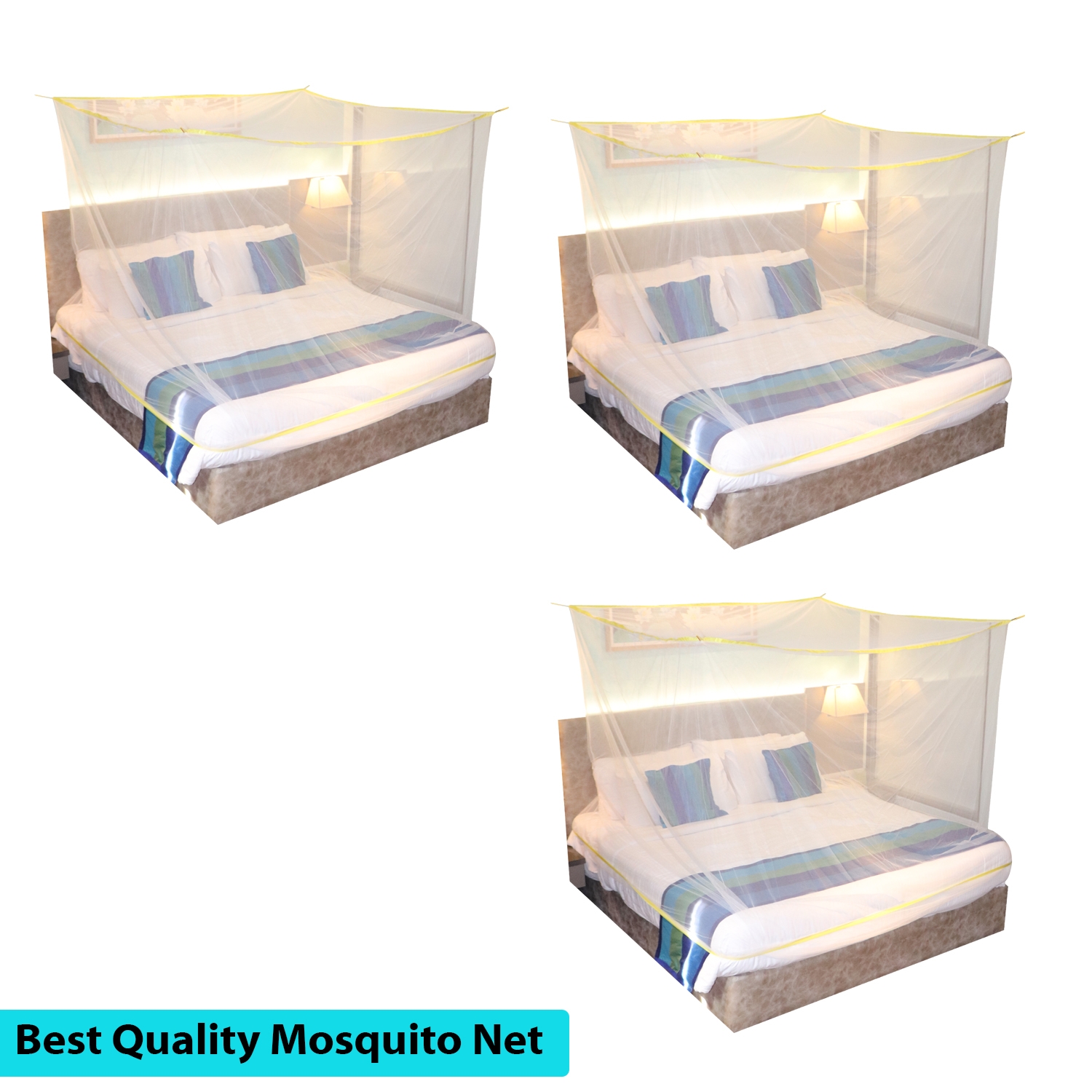 Paola Jewels | Mosquito Net for Double Bed, King-Size, Square Hanging Foldable Polyester Net White And YellowPack of 3