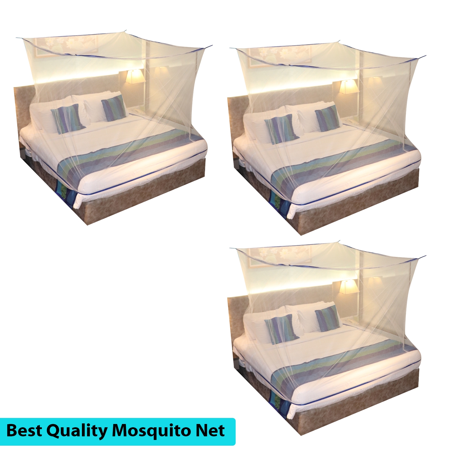 Paola Jewels | Mosquito Net for Double Bed, King-Size, Square Hanging Foldable Polyester Net White And BluePack of 3