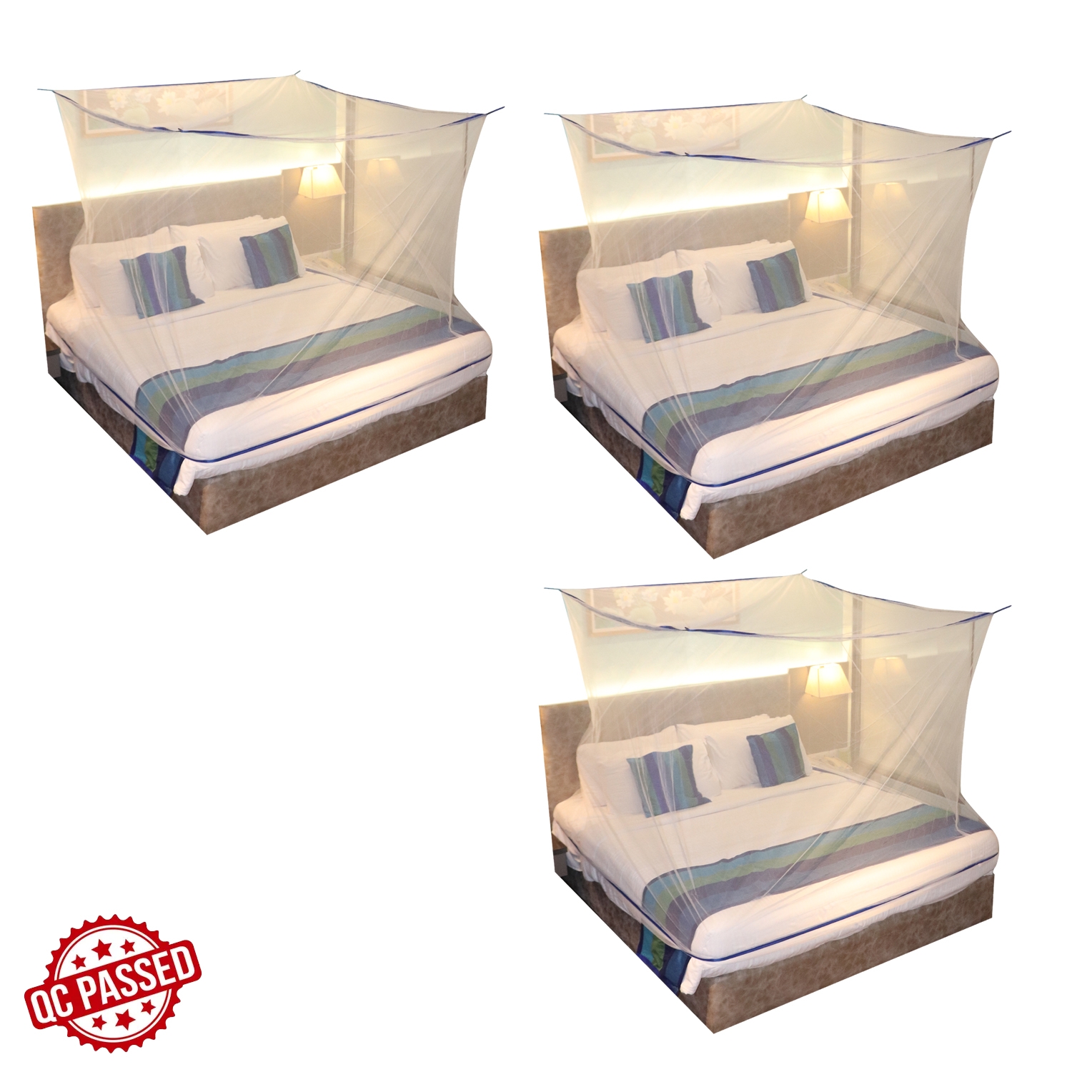 Mosquito Net for Double Bed, King-Size, Square Hanging Foldable Polyester Net White And BluePack of 3