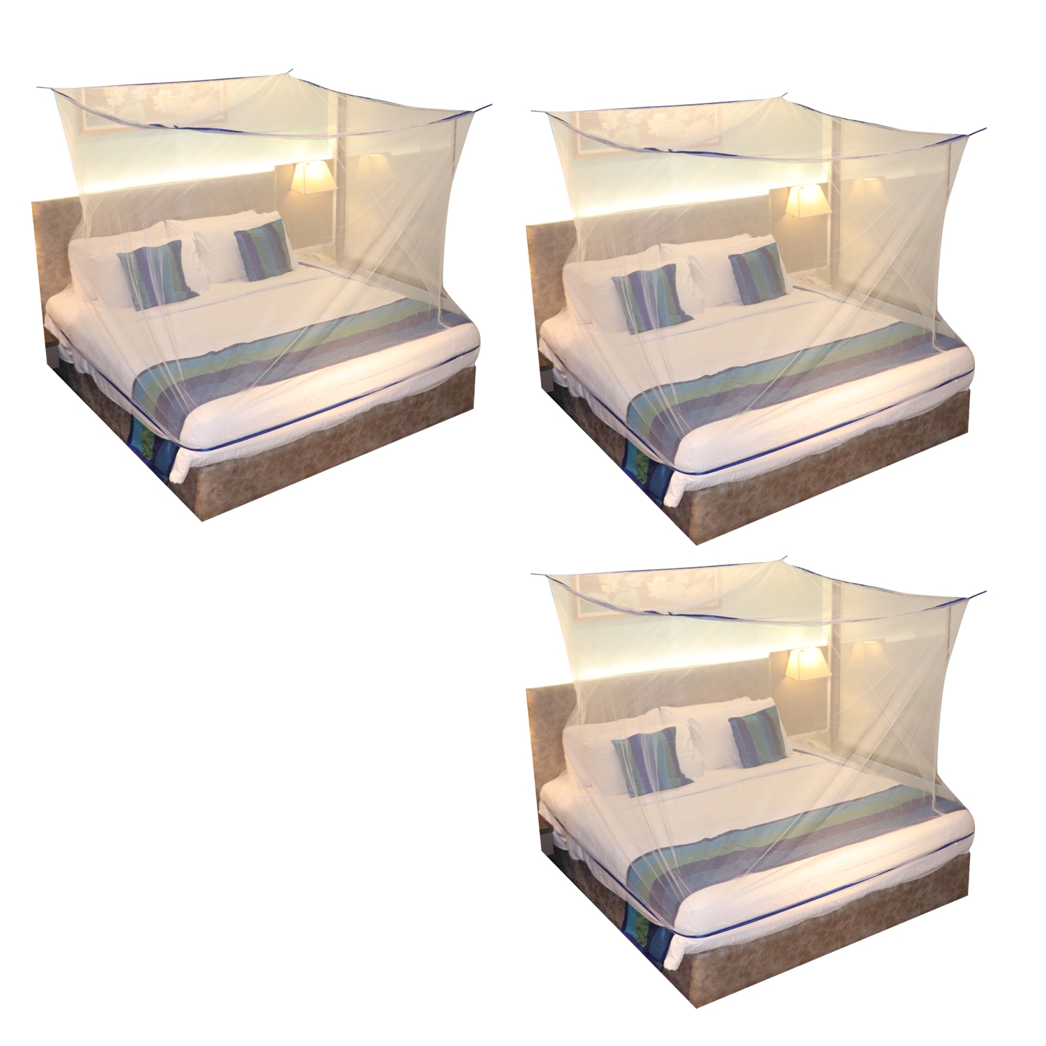 Mosquito Net for Double Bed, King-Size, Square Hanging Foldable Polyester Net White And BluePack of 3