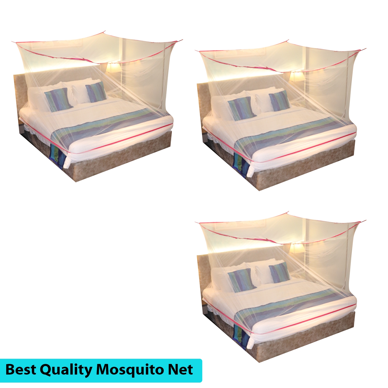Mosquito Net for Double Bed, King-Size, Square Hanging Foldable Polyester Net White And PinkPack of 3