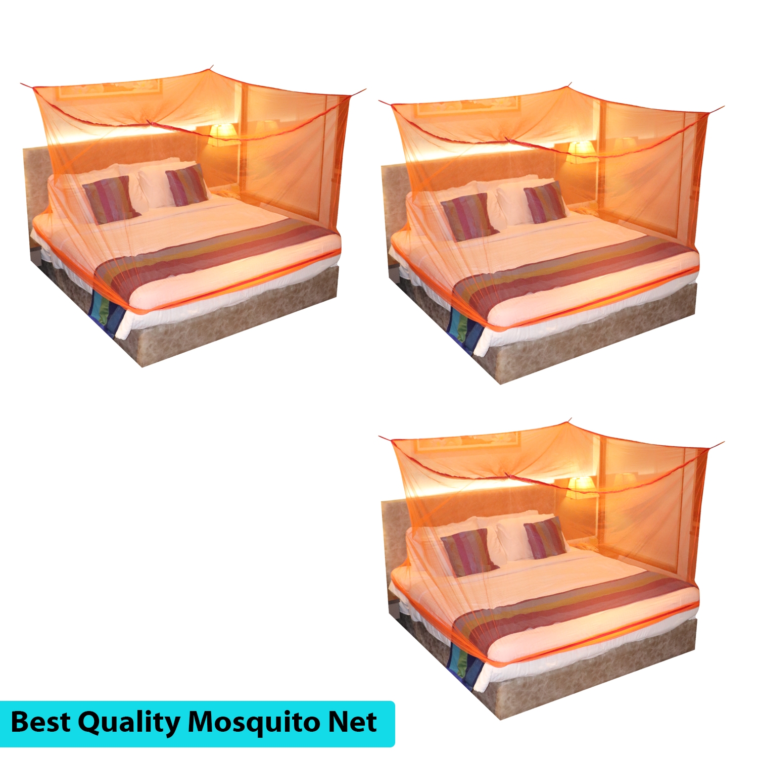 Paola Jewels | Mosquito Net for Double Bed, King-Size, Square Hanging Foldable Polyester Net OrangePack of 3