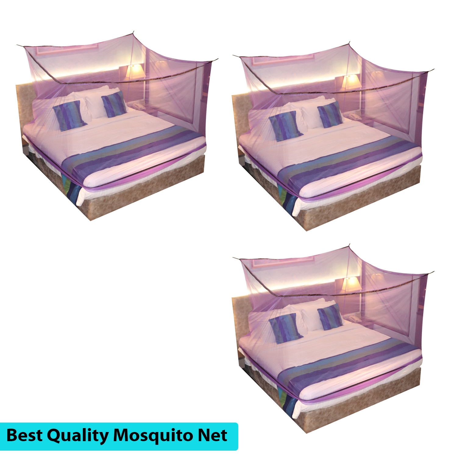 Paola Jewels | Mosquito Net for Double Bed, King-Size, Square Hanging Foldable Polyester Net Purple And Brown Pack of 3
