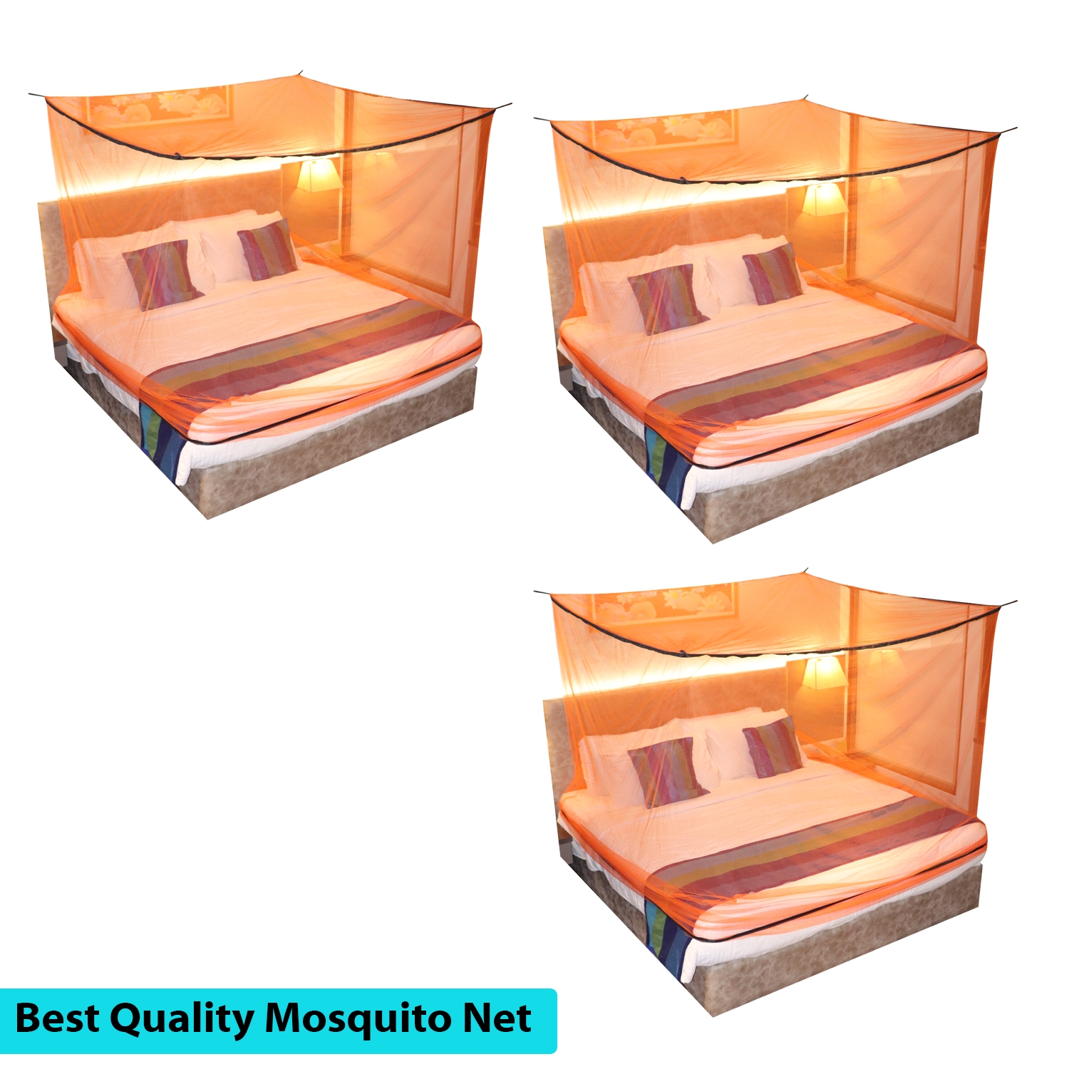 Paola Jewels | Mosquito Net for Double Bed, King-Size, Square Hanging Foldable Polyester Net Orange And Black Pack of 3
