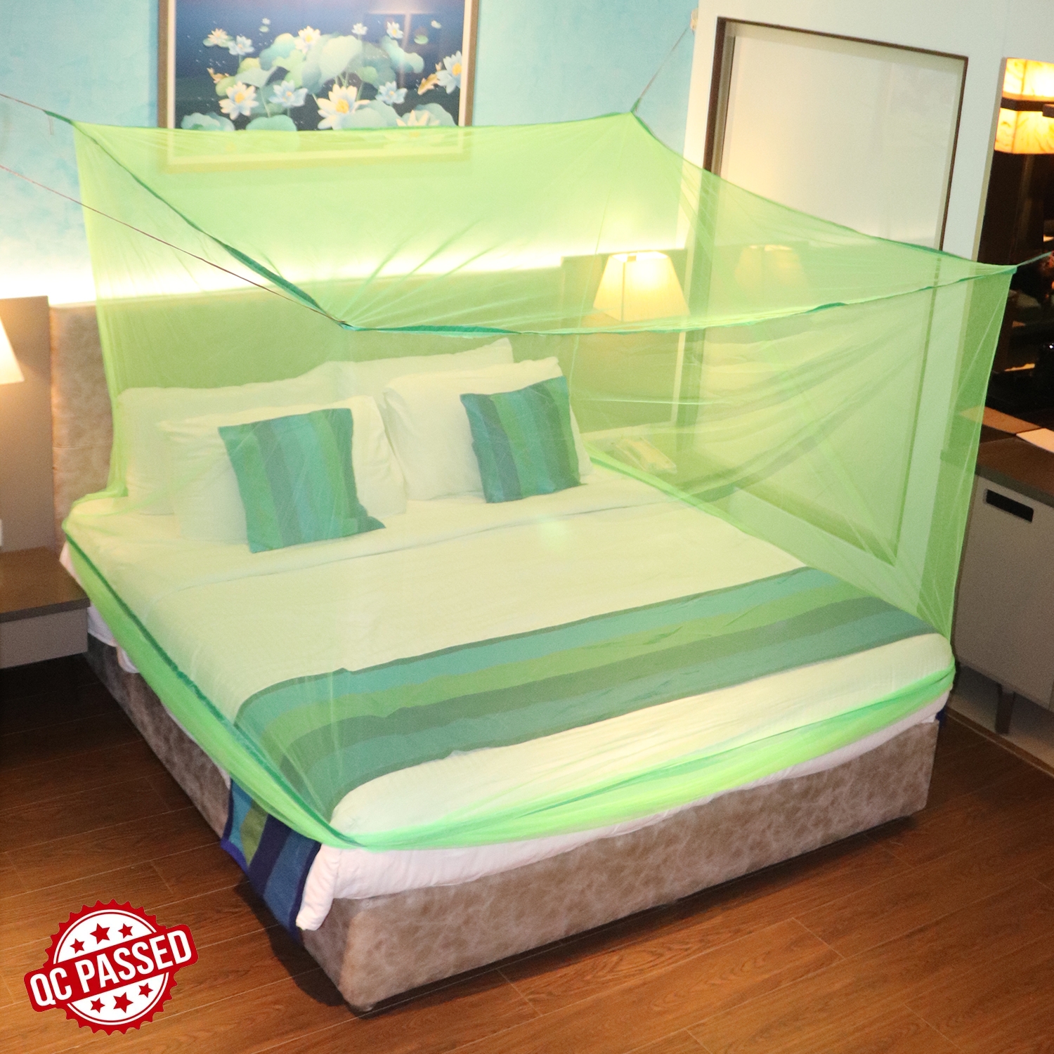 Mosquito Net for Double Bed, King-Size, Square Hanging Foldable Polyester Net Green 