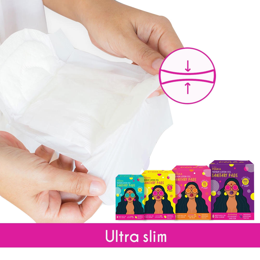 Pinq Polka Premium Organic Soft Cotton Feel Ultra Sanitary Pads, Regular with Individual Disposable Biodegradable Pouch