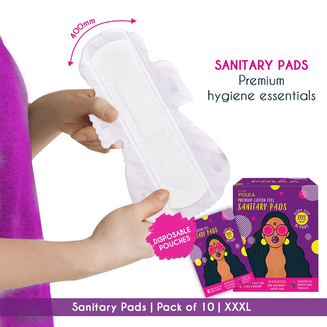 Pinq Polka Premium Organic Soft Cotton Feel Ultra Sanitary Pads, XXXL with Individual Disposable Biodegradable Pouch