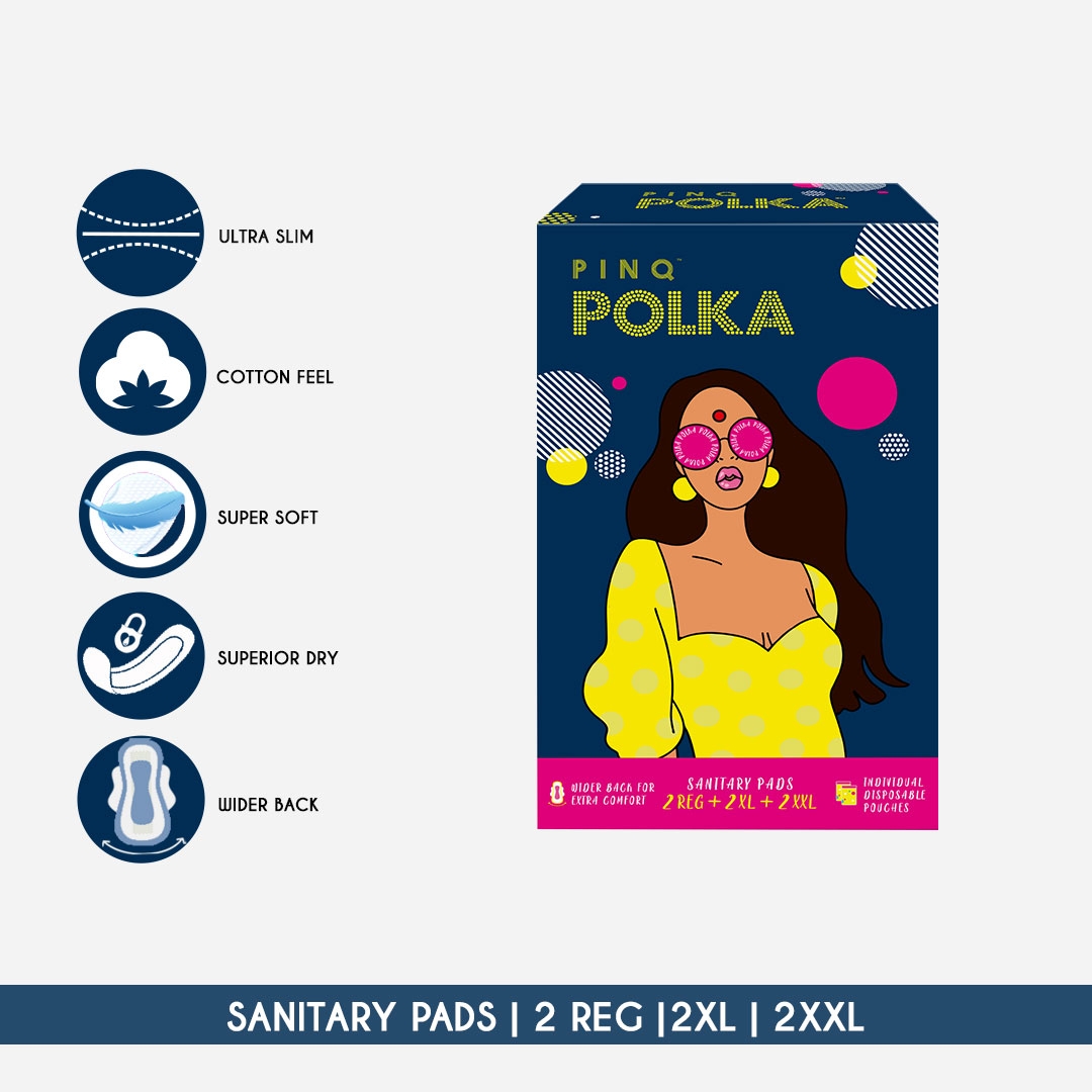 PINQ POLKA Period Trial Pack - Premium Organic Cotton Soft Ultra Sanitary Pads 4 XXL, 4 XL, 4 Regular,with Individual Biodegradable Disposable Pouch