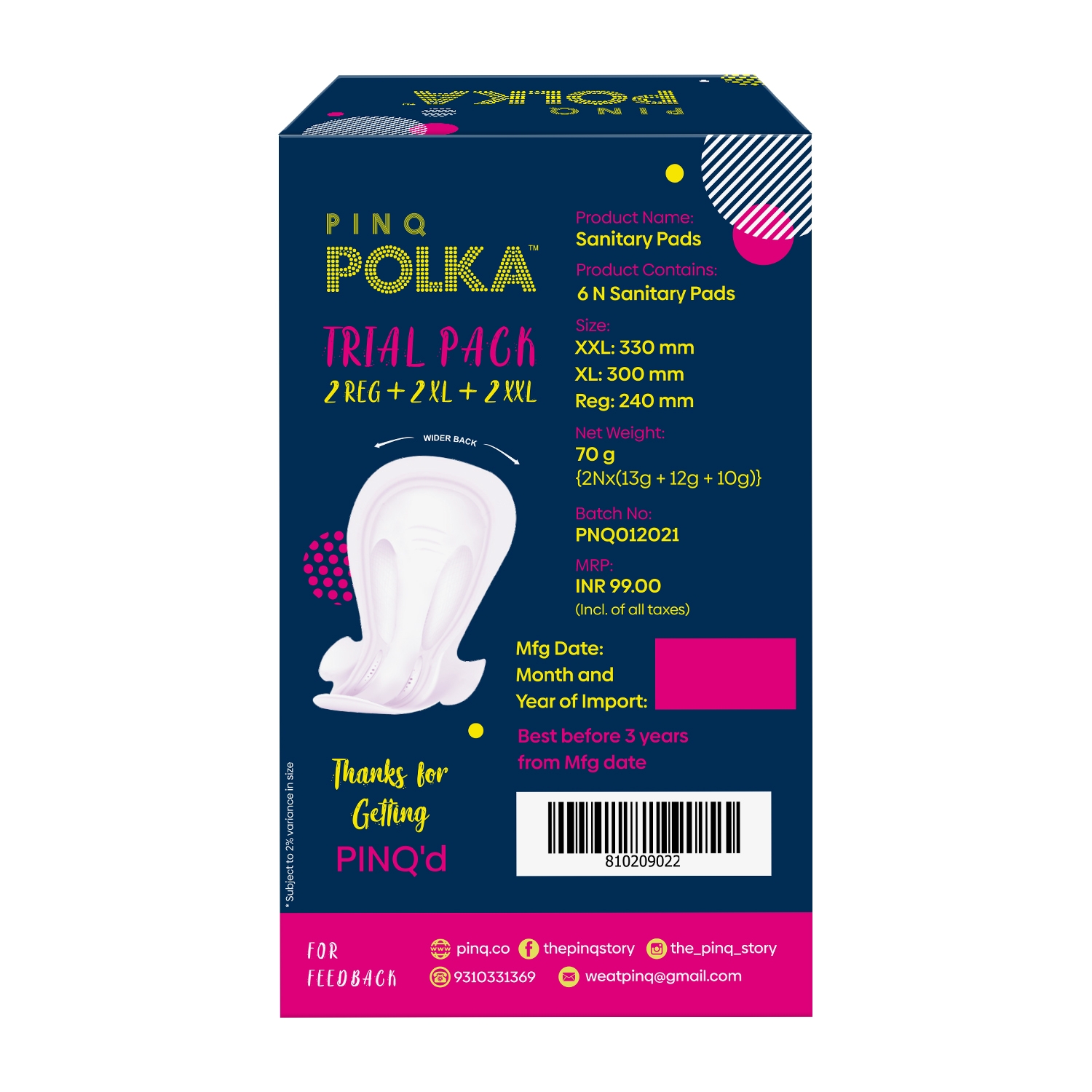 PINQ POLKA Period Trial Pack - Premium Organic Cotton Soft Ultra Sanitary Pads 4 XXL, 4 XL, 4 Regular,with Individual Biodegradable Disposable Pouch