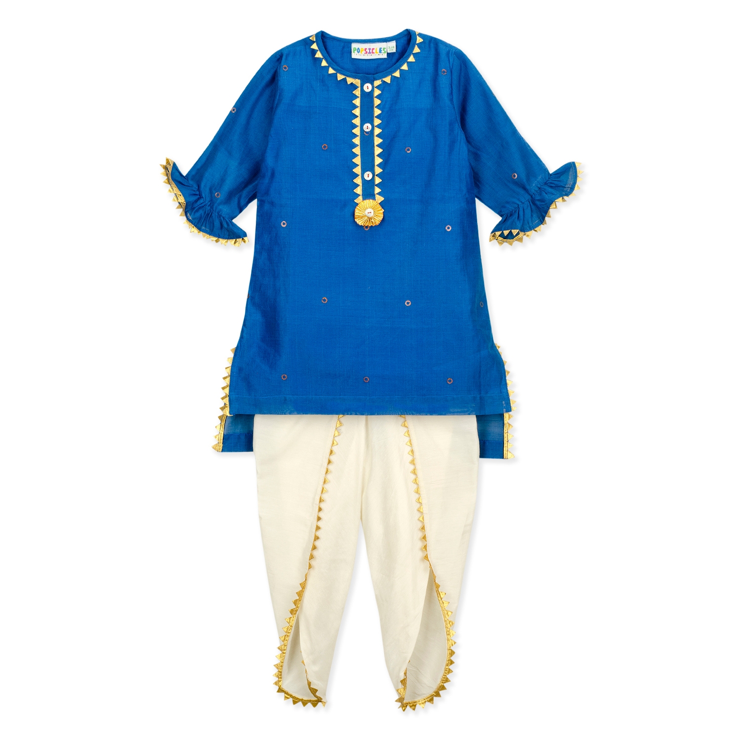 Popsicles Clothing | Popsicles Girls Chanderi Silk Lapis Dhoti Kurta Set - Blue & Off white (1-2 Years)