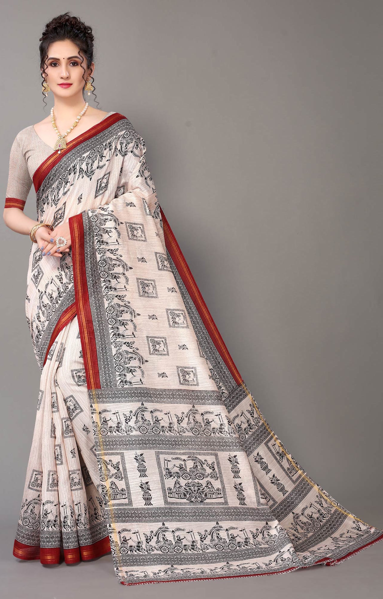 SHAILY RETAILS | Women Daily Wear Cream Traditional Printed Art Silk Saree - HAL29ART00113CRM