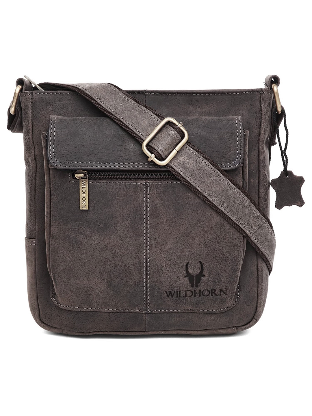 WildHorn | WildHorn Classic Genuine Leather Grey Textured Sling Bag for Men