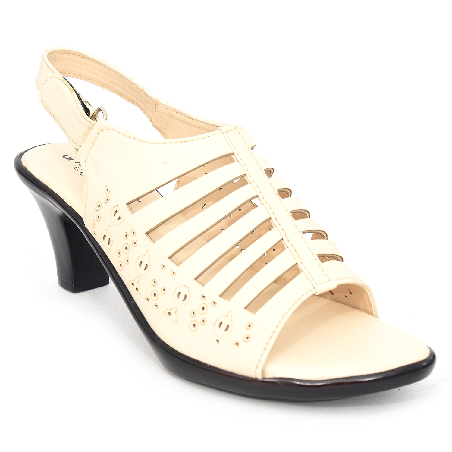 Racecourse | Racecourse Women's Total Sole Artificial Leather Laser Cut Back Belt Sandal With The Heel Height of 3 Inch 833 Cream