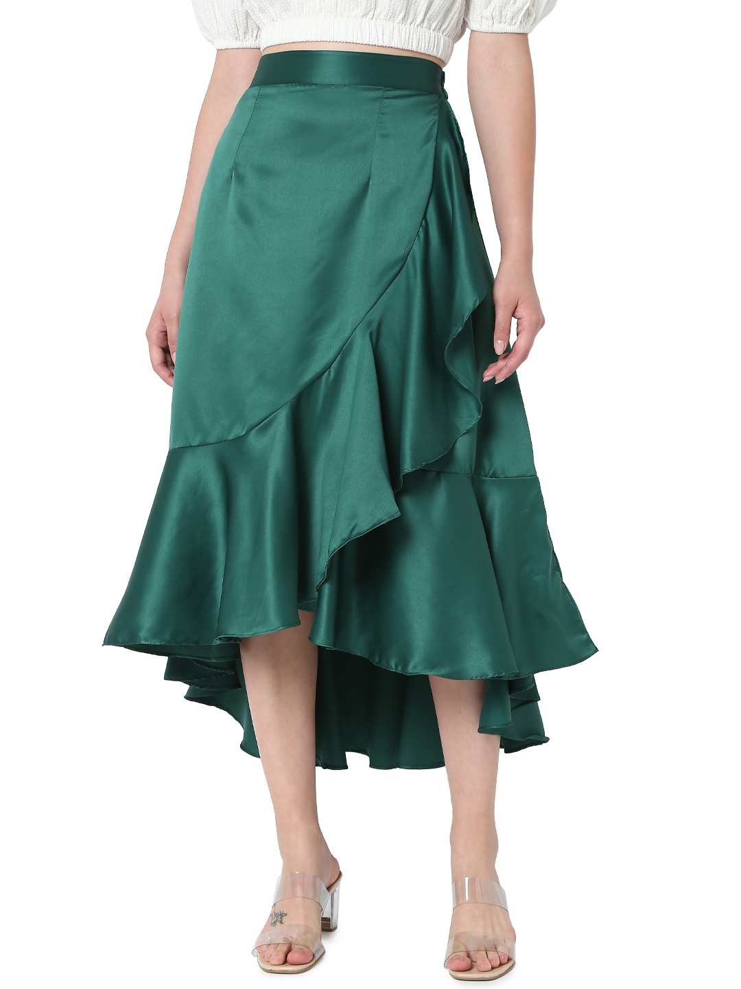 Smarty Pants | Smarty Pants women's silk satin bottle green color over lap ruffle skirt. 
